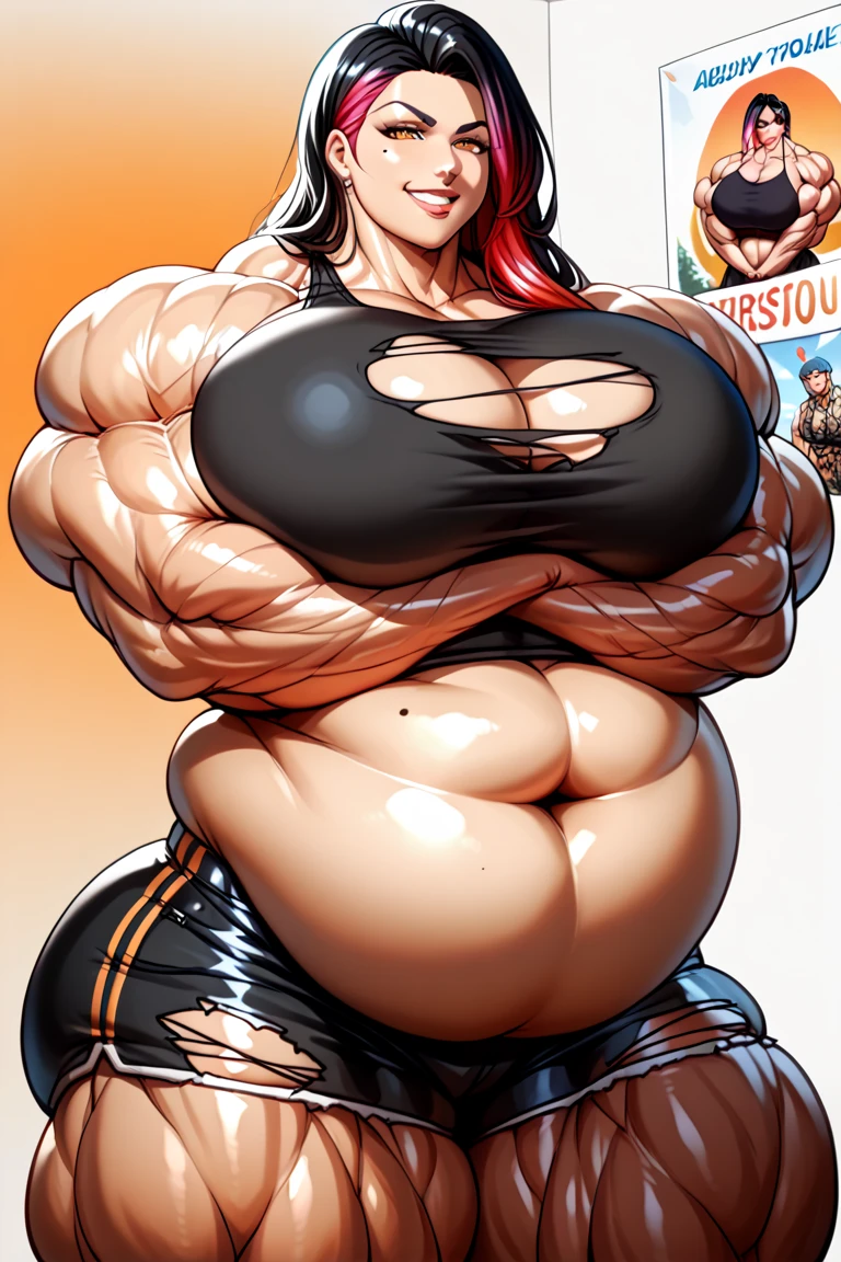 1990's, Living inflatable sex doll, muscle_bimbo, luxurious long and thick spiked hair, (wearing a stars and stripes bandana), (wearing long jean jacket with anime t-shirt with logo), (plaid miniskirt), platform sneakers, knee high socks, floating, (((hyper breasts))), (((muscle expansion))), (((muscular legs))), (((bodybuilder))), (erect hyper penis!!!), pleasurable look on face while hands stroking penis, (inside neon lit indoor arcade)