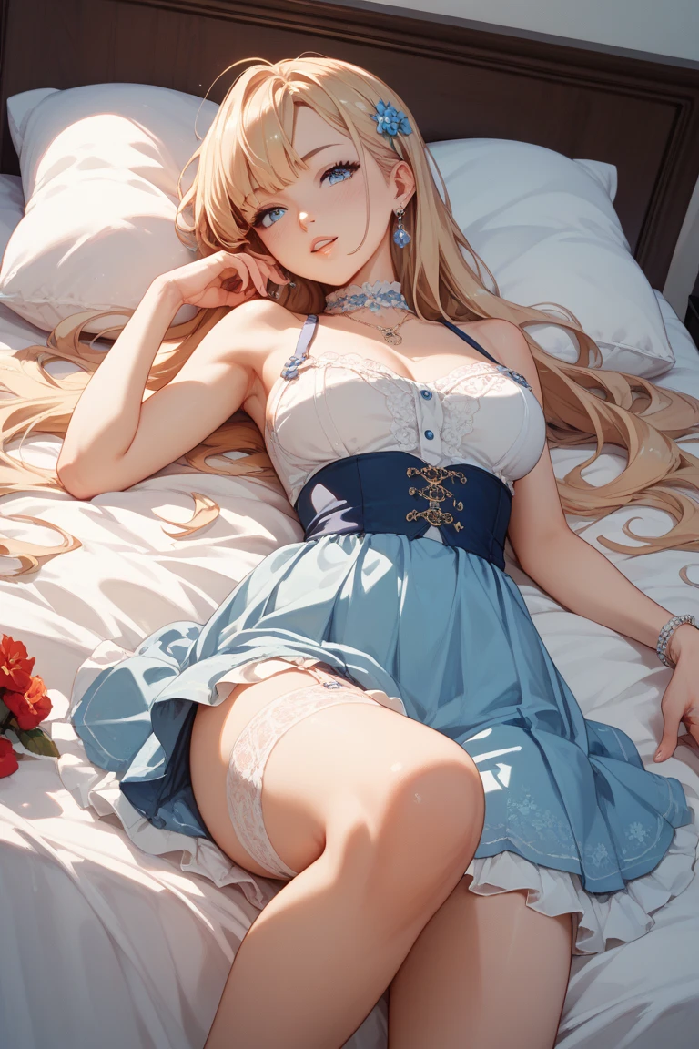 jeune fille en culotte en dentelle, on voit les formes de son sexe sous sa culotte mouillée, elle est brune elle a les cheveux long, avec les yeux bleu, elle est très fine, sa poitrine est très fine , elle a de jolies hanches et les épaules nues, elle pose de manière sur d'elle, le dos bien cambré, elle est allongée sur un lit, dans une jolie chambre de fille bien éclairée.