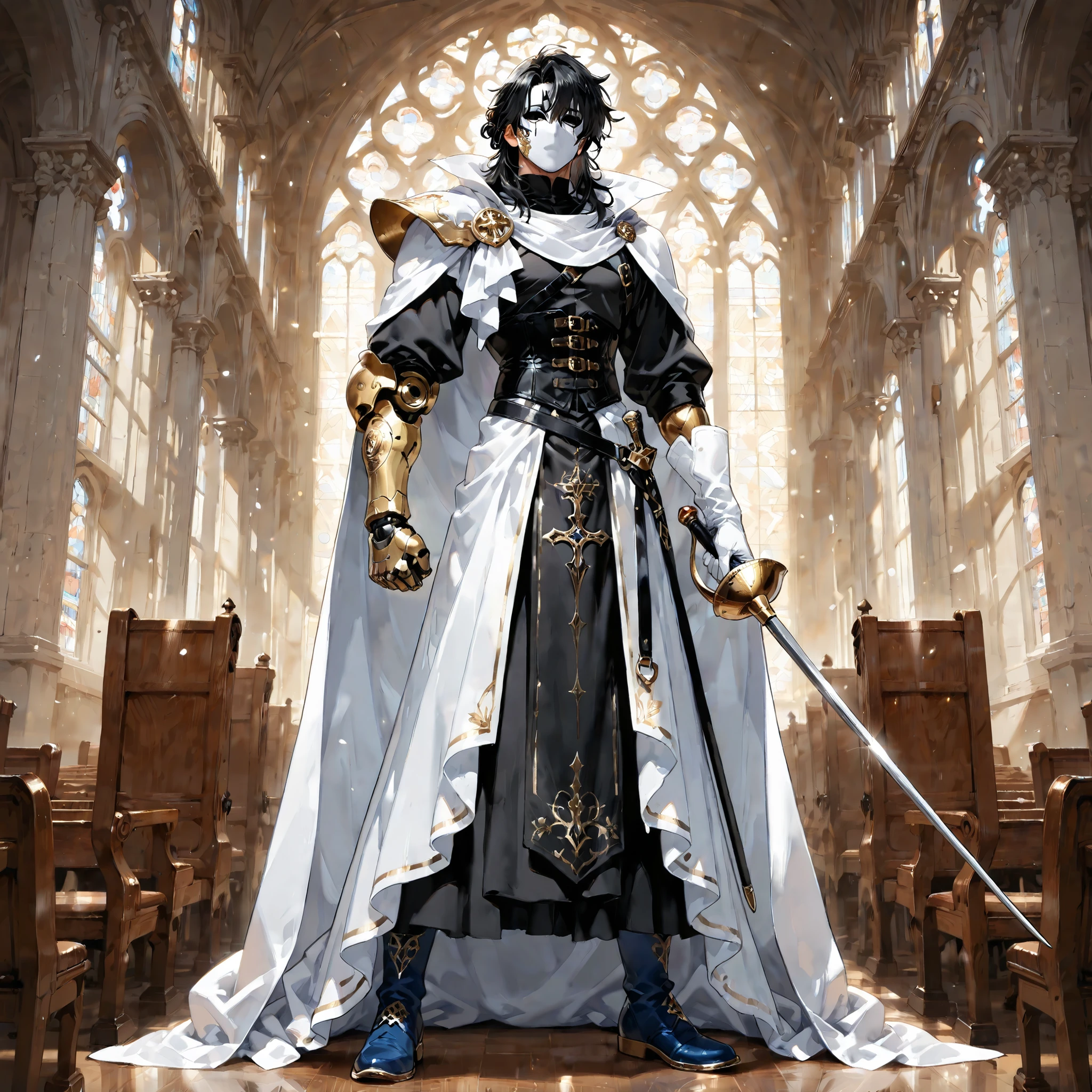 Male, Adult, Black Hair, Silver And Gold Left Prosthetic Arm, Neutral Expression, Masterpiece Quality, Solo Image, Messy Hair, Single Prosthetic Arm, Masculine Face, Holding Rapier, White cape dress over a long-sleeved black shirt, and wears a black corset above the dress with a black waist cape attached to it, White gloves, White and Blue boots, Black Spats, White Face Mask With Black Lines, Church Background, Close Up