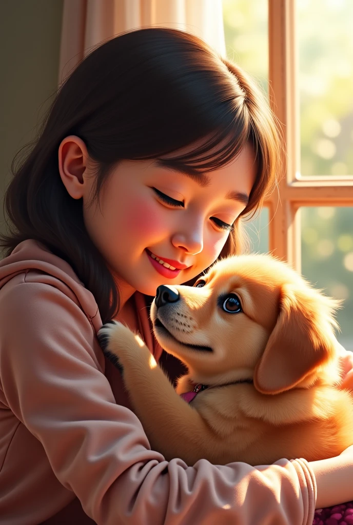 A cute puppy dog locks the face of a Ten year old girl (laughing) in overalls who's in a pile of raked autumn leaves