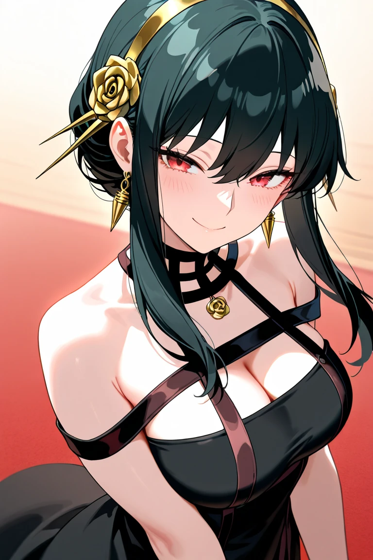 yor briar, 1girl, bare shoulders, black dress, black hair, breasts, closed mouth, dress, earrings, flower, hair flower, hair ornament, hairband, jewelry, medium breasts, long hair, looking at viewer, red eyes, sidelocks, sleeveless, solo, upper body, black background
, ((masterpiece))
