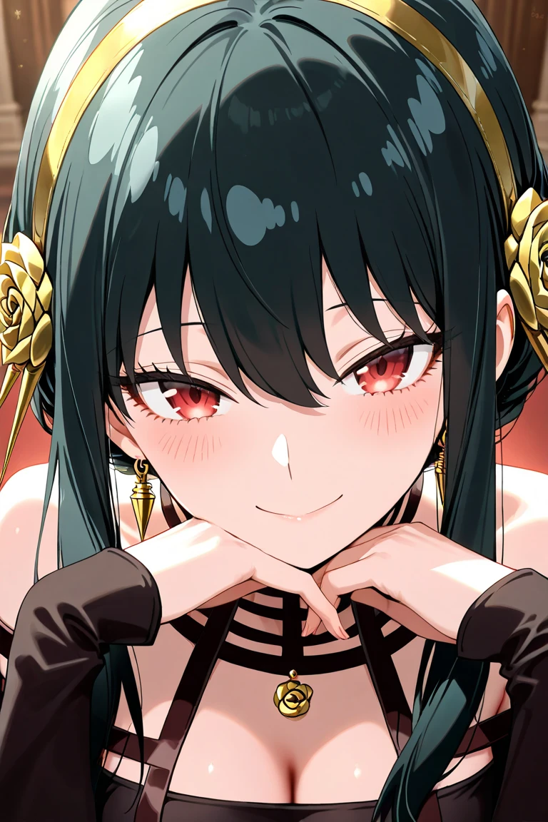 
masterpiece, best quality, very aesthetic,solo, yor briar, spy x family, black hair, red eyes, blush, smile, closed mouth, black dress, upper body, hand on own chin, looking at viewer,