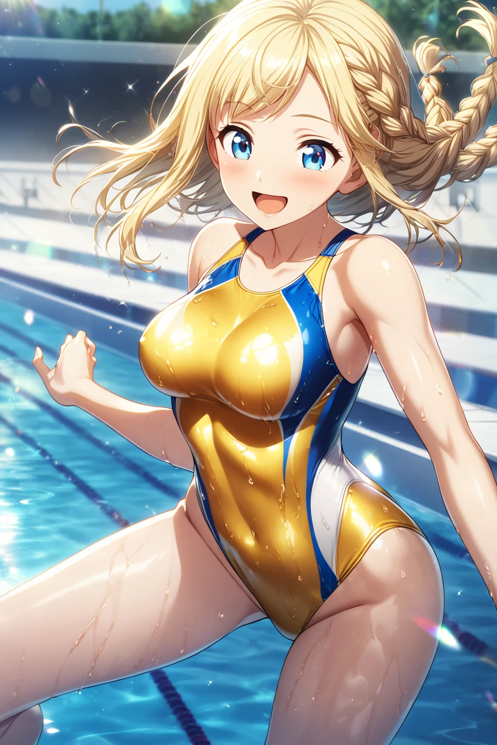 anime boy、Beautiful boys、A cute boy、、solo、Boy in swimsuit、one piece swimsuit、earrings、boy with very long blonde hair、clothing:High-cut swimwear、Swimsuit for swimming competitions、covered_nipples、Depth of bounds written、looking_at_viewer、Pectoral muscle、水色と黄色のタンクスーツを着たanime boy、Light blue and yellow high-leg racing swimwear、Two-tone high-leg racing swimsuit、smile、rating:questionable、covered_navel、In the indoor pool、His arms are placed behind his back.、blurred background、cowboy shot、Boy standing、collarbone、Swimsuit、Green-eyed boy、mouth closed、parted bangs、boy with half up hair、dutch angle、buttocks visible from thighs、Bare shoulders、bare legs、bare arms、shiny、rating:safe、Eyebrow、navel、male focus、