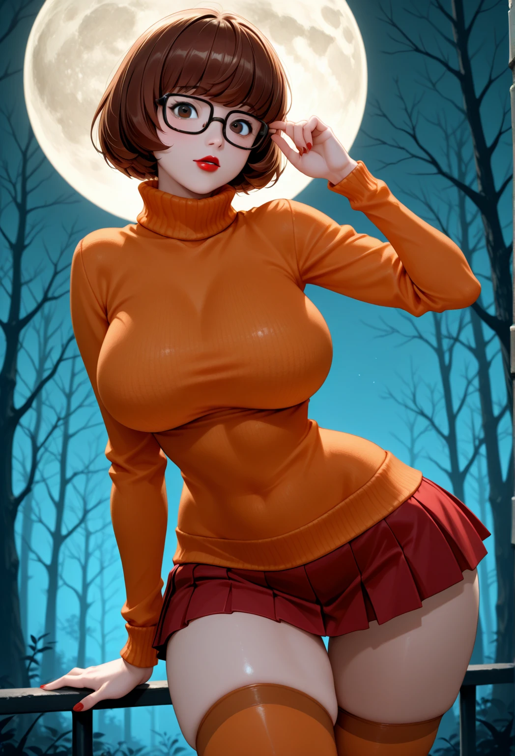 Perverted face girl, Velma from Scooby Doo anime, western facial features, short black hair, short orange orange blouse (crepe), very sensual, very sensual red high school mini skirt, running from a show, large breasts, torn clothes, submissive look, perverted smile, glasses, short black glove, cemetery, fog, dark, 3 am, cloudy night, Horror weather, dawn, crosses, suspense, (masterpiece, blurred background, natural lighting, depth of field, ultra detailed and realistic photography, 100mm lens), portrait style