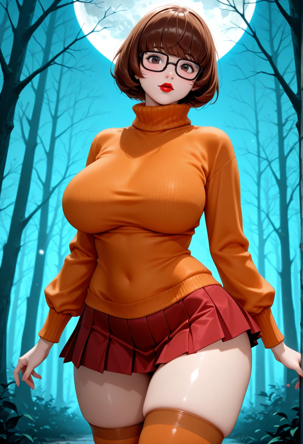 Real life anime girl, Velma from Scooby Doo anime, short black hair, short orange blouse, very sensual, red high school skirt, posing for photo, big breasts, submissive look, glasses, graveyard only background, cloudy night, horror weather, suspense, full moon, (masterpiece, dramatic lighting, depth of field, wide-angle lens, ultra detailed and realistic photography) realistic style