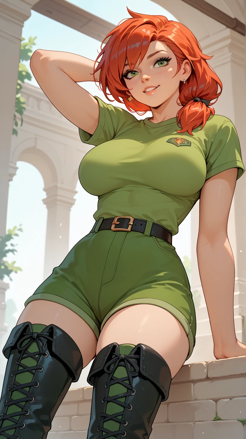 A tall sexy nice friendly big breast happy soviet russian military girl with long smooth red hair her brown eye pink lip wears bra metallic green boob black patch chest waist yellow ribbon and her big metallic green pants thigh sensual big yellow boot wearing black soviet winter cap