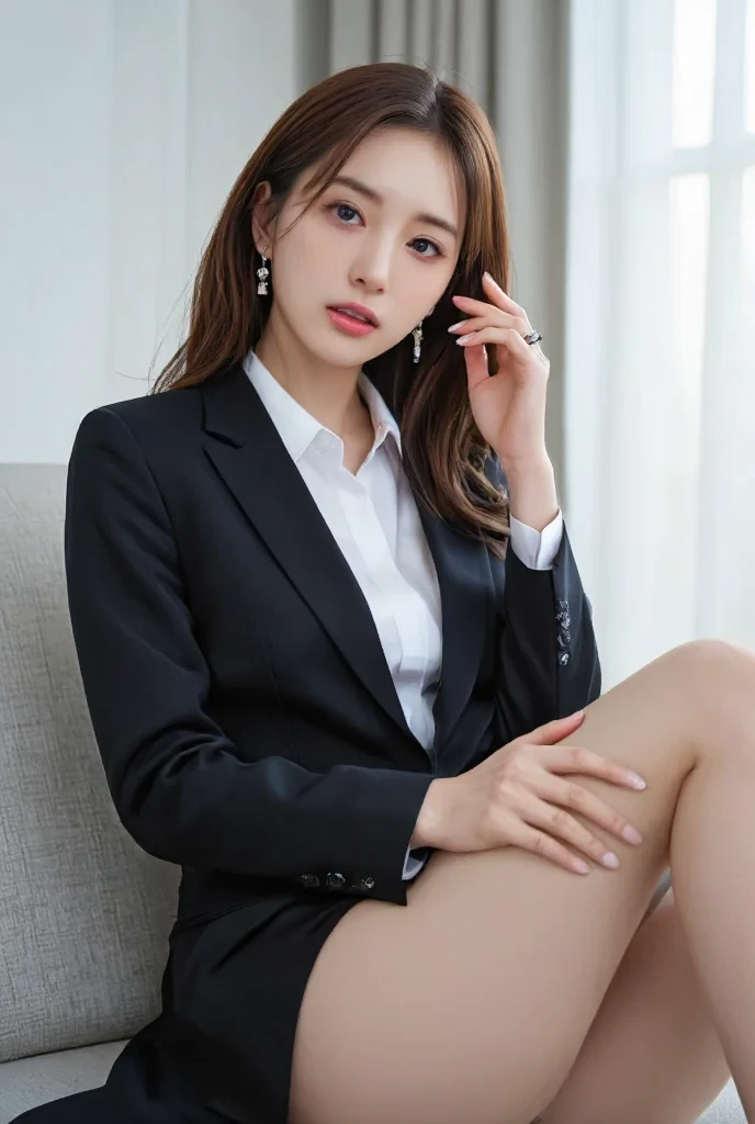 ((8 thousand,masterpiece,best quality)),ultra high resolution,best shadow,illustration,high detail,very detailed, ((office,at office)) ,girl in suit, public, 1 girl, medium chest,girl, high heel, thick stockings, leg, portrait, alone, View viewer, girl is standing, ((long leg)),