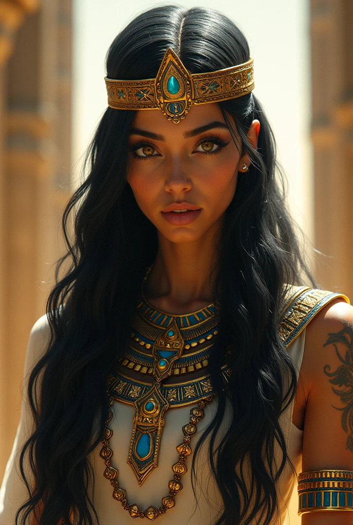 A beautiful ancient Egyptian woman, a pharaoh, with long hair, green hypnotizing eyes, pretty, com uma maquiagem pretty, very successful, with a natural charm, very respected, muito pretty eating dominos pizza pyramids in background 