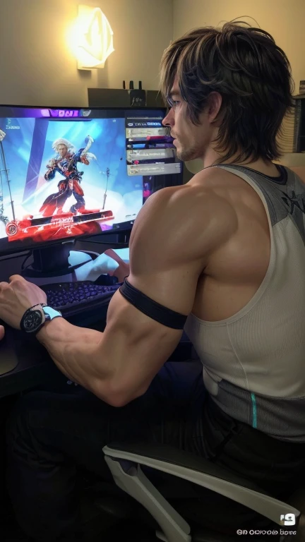 anime character sitting in a chair with a computer on a desk, made with anime painter studio, painted in anime painter studio, makoto, his back is turned, ilya kuvshinov. 4 k, with his back turned, makoto shinka, red scales on his back, snk, kuvshinov ilya, jujutsu kaisen yuji itadori in realistic less shadows