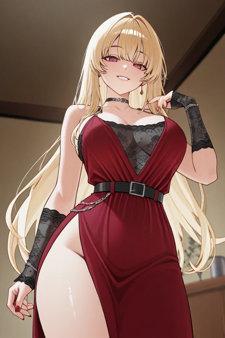 1024 X 1536, (masterpiece), maximum quality, 1girl, older woman, blonde hair, long hair, wavy hair, red eyes, choker, (large breasts:2), negligee, lying, master bedrom, bed, sexy