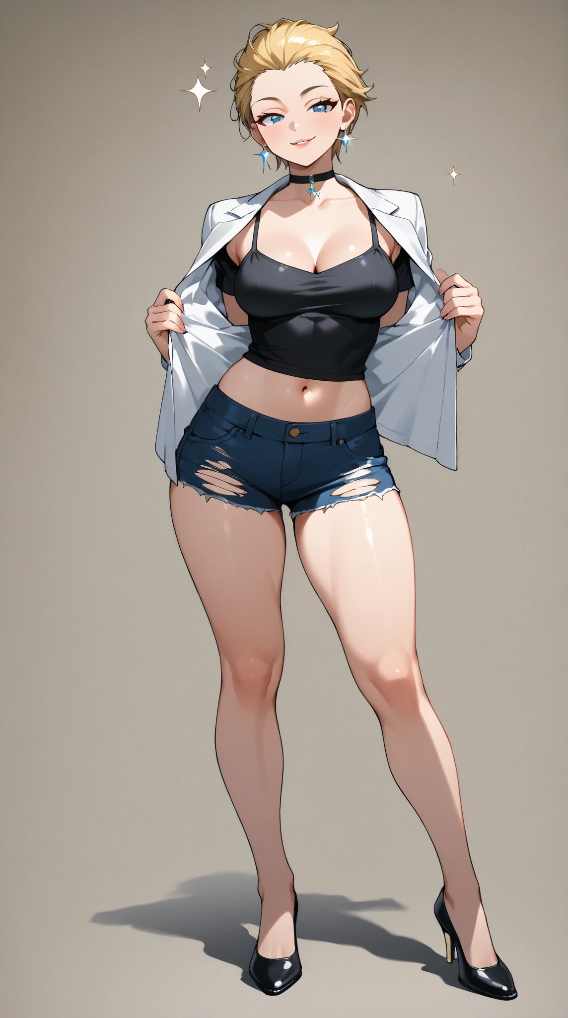 One anime girl, black hair, red eyes, massive breast, black bra, black denim shorts, sexy pose, full body, white background