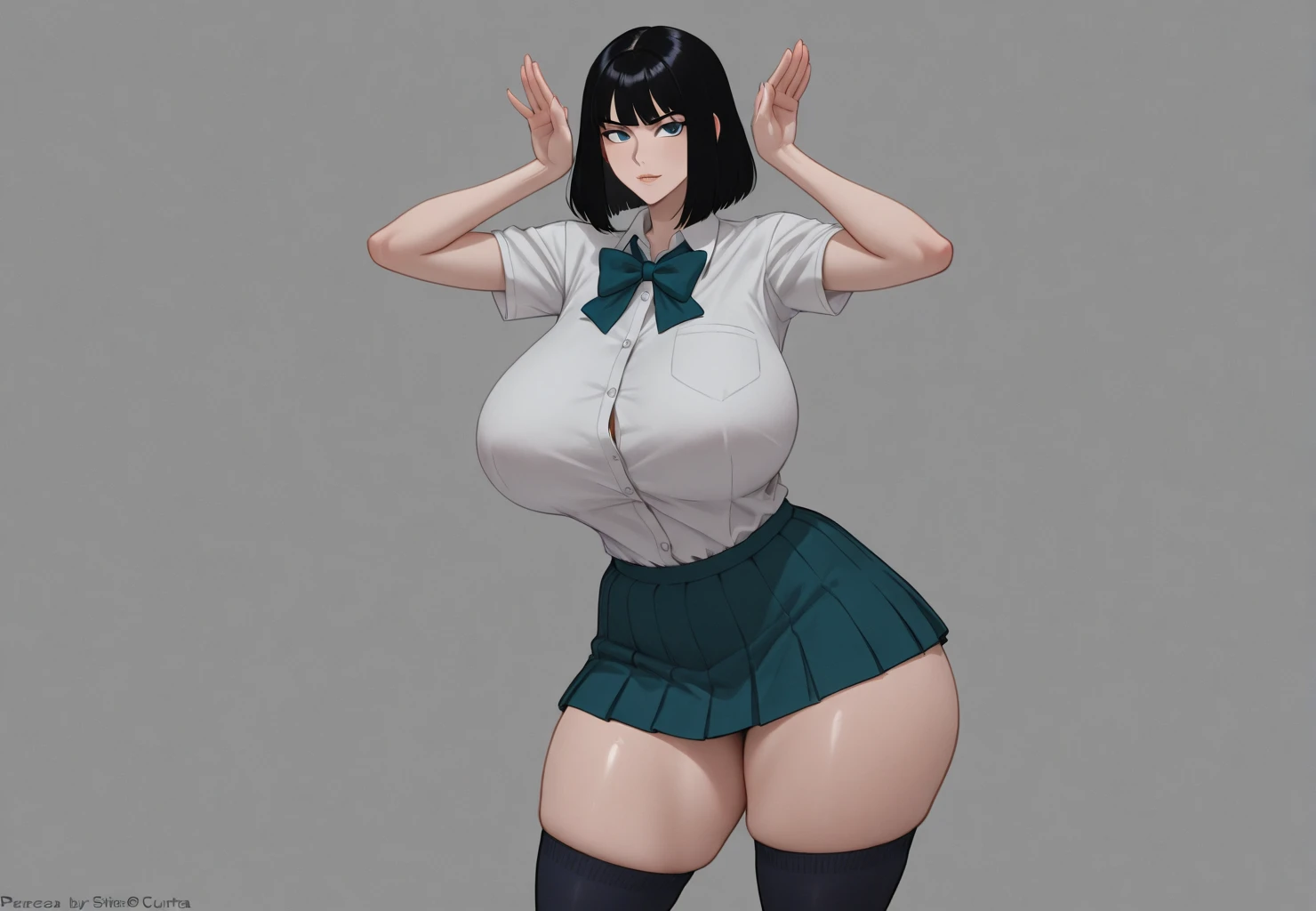 A girl has large breasts and long black hair and is wearing her black shirt with a large boob hole and she is wearing her black skirt 