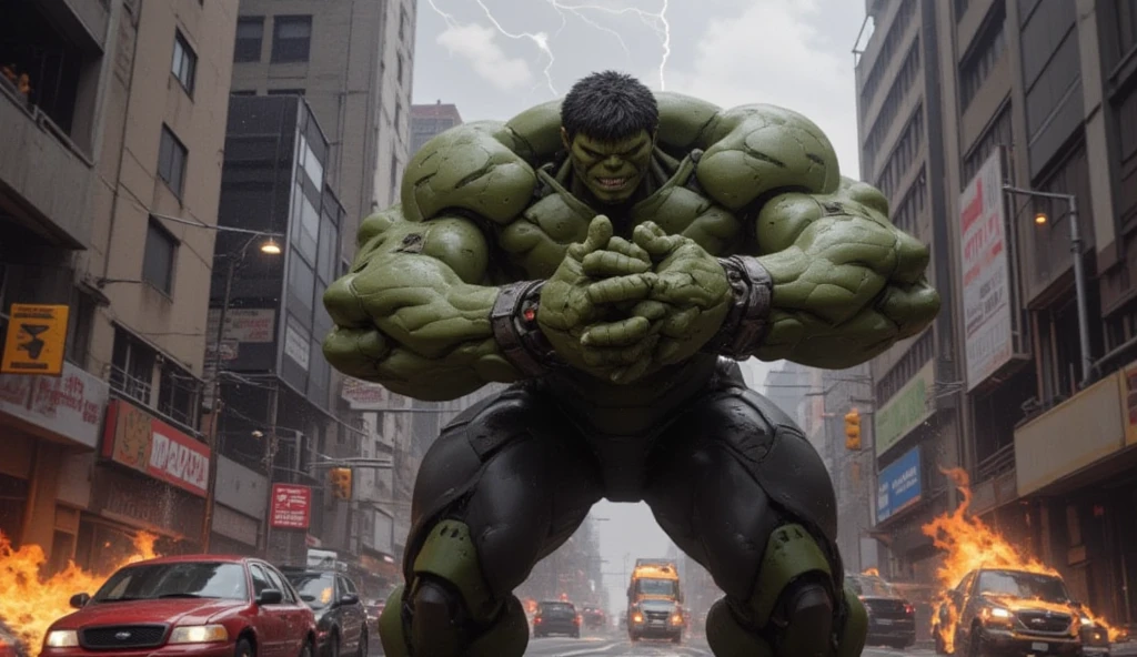 The Incredible Hulk in an intense fight against four horrifying monsters in a city under siege. He punches one monster, blood spraying, amidst falling buildings and fleeing civilians. The scene is chaotic and dynamic, with cinematic lighting, detailed destruction, 2K quality --v 6.0