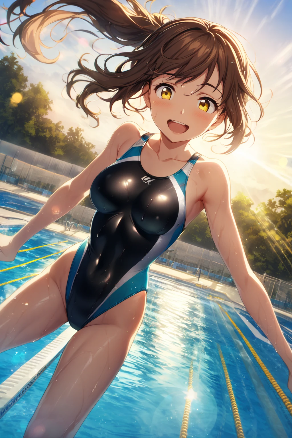 best quality, masterpiece, ultra high res, (photorealistic:1.4), RAW photo, Intricate details, ((Perfect Anatomy)), Big beautiful eyes, Perfect contours, masterpiece, One girl, Shortcuts, Medium chest, Olympic Swimmer, (one piece, turtleneck,No sleeve), Transparent and clear turquoise swimwear, tight high leg swimsuit, ((Shooting from below, looking up:1.2)), Portrait, (Face close-up), View your viewers, Outdoor swimming pool, Partially submerged, Wet Skin, Quiet Smile, Closed Mouth, (armpit)