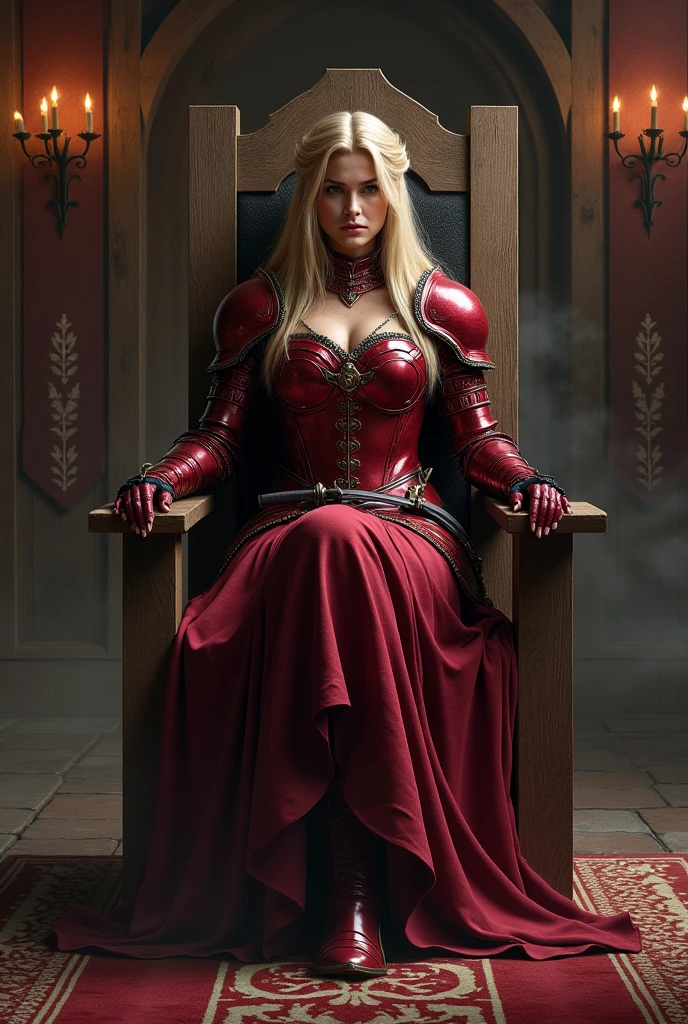 1 gorgeous blonde woman, age 23, sitting on a throne ((dressed with a black and red space marine armour)), on an fire throne, a beautiful fantasy empress, queen of hell, on her throne, queen, beautiful and elegant queen, sitting on her throne, sitting on throne, portrait of an queen, goddess of winter, an queen, on a throne of lava in a burning and smoking rock castle, perfect hands, perfect face, perfect breast, perfect hair, cinematic lighting