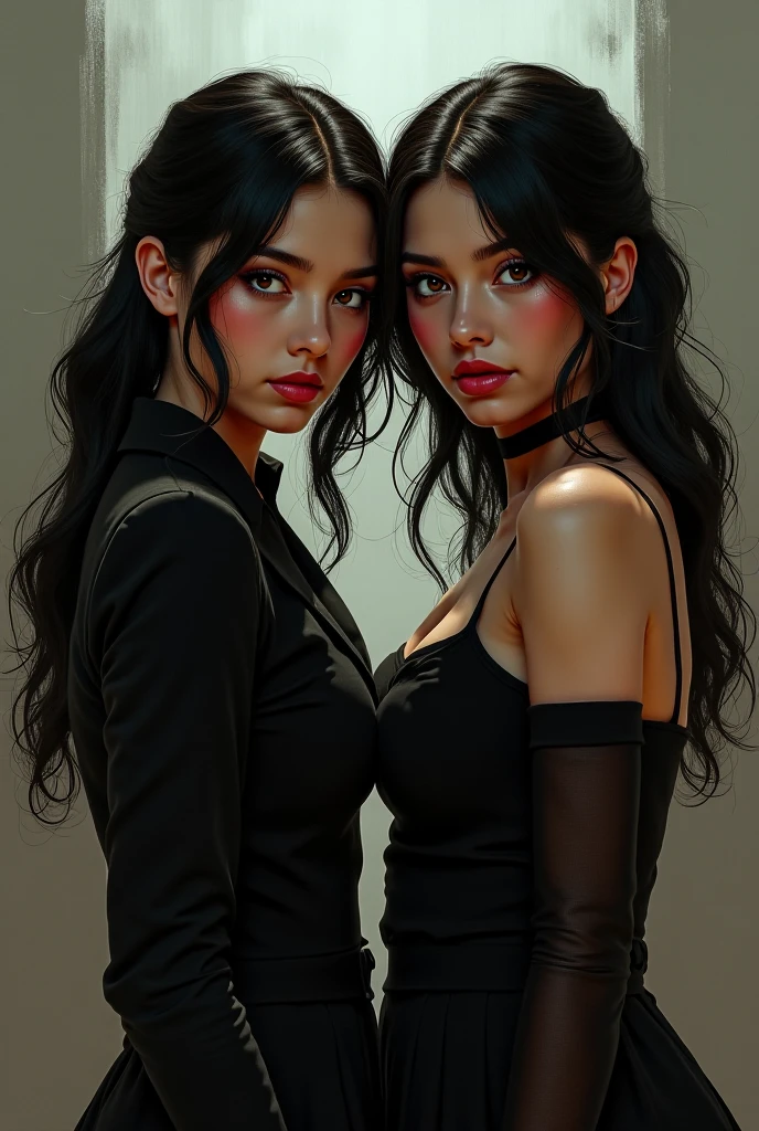 Cuban woman with two heads, 2 heads, (to8contrast style), (half body portrait), open mouth, 8k RAW photo, highest quality, detailed hazel eyes, eye reflection, winged eyeliner, (looking at the viewer:1.3), best shadow, intricate details, interior, (bold hair:1.3), muted colors, high contrast style, glam shot, smoldering, (sultry:1.1), dof, bokeh, intense, languid, tempting, , seductive, longing, yearning, smitten, dark photography studio, revealing dress, minimal lighting, deep shadows, stark contrasts, dramatic highlightlack backdrop:1.2), dimples, fullness, plumpness, natural blue lips, bold color, alluring, captivating, striking, unforgettable, stunning, breath-taking, timeless beauty. (bare shoulders:1.2), headshot