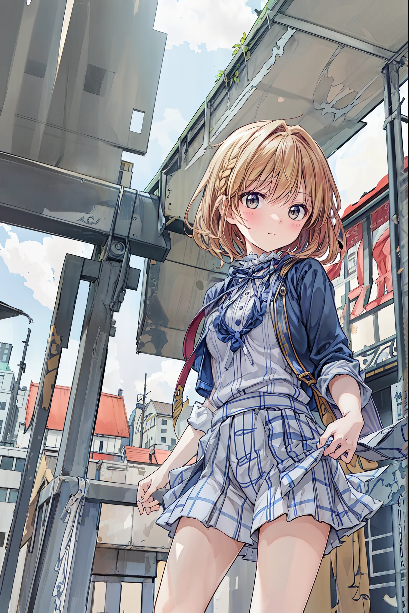 ((masterpiece)), (anime:1.5), ((Best Quality)), (RAW photo:1.2), (high resolution:1.3), (professional shooting:1.2), ( Color Difference), one girl, (()), (Serious), (beautiful brown eyes:1.3), Viewer, Plain Shirt, O-ring, disheveled hair, Medium Hair, (Put your hands in your pants), ((Take off your work pants)), 明るいbrown hair, (small breasts), Cute waist, outdoor, ((Top of the big bell tower)),brown hair,shortcuts,dark-skinned baby, short braided hair, Neat , slender beauty ,Dignity,small breasts,Beautiful Legs,her enchanting grayish blue eyes shine like stars.,Vivid Colors,Beautiful Eyes,A delicate smile,textured skin,Best Qualityのものが最高, gentle and beautiful woman ,anime風、