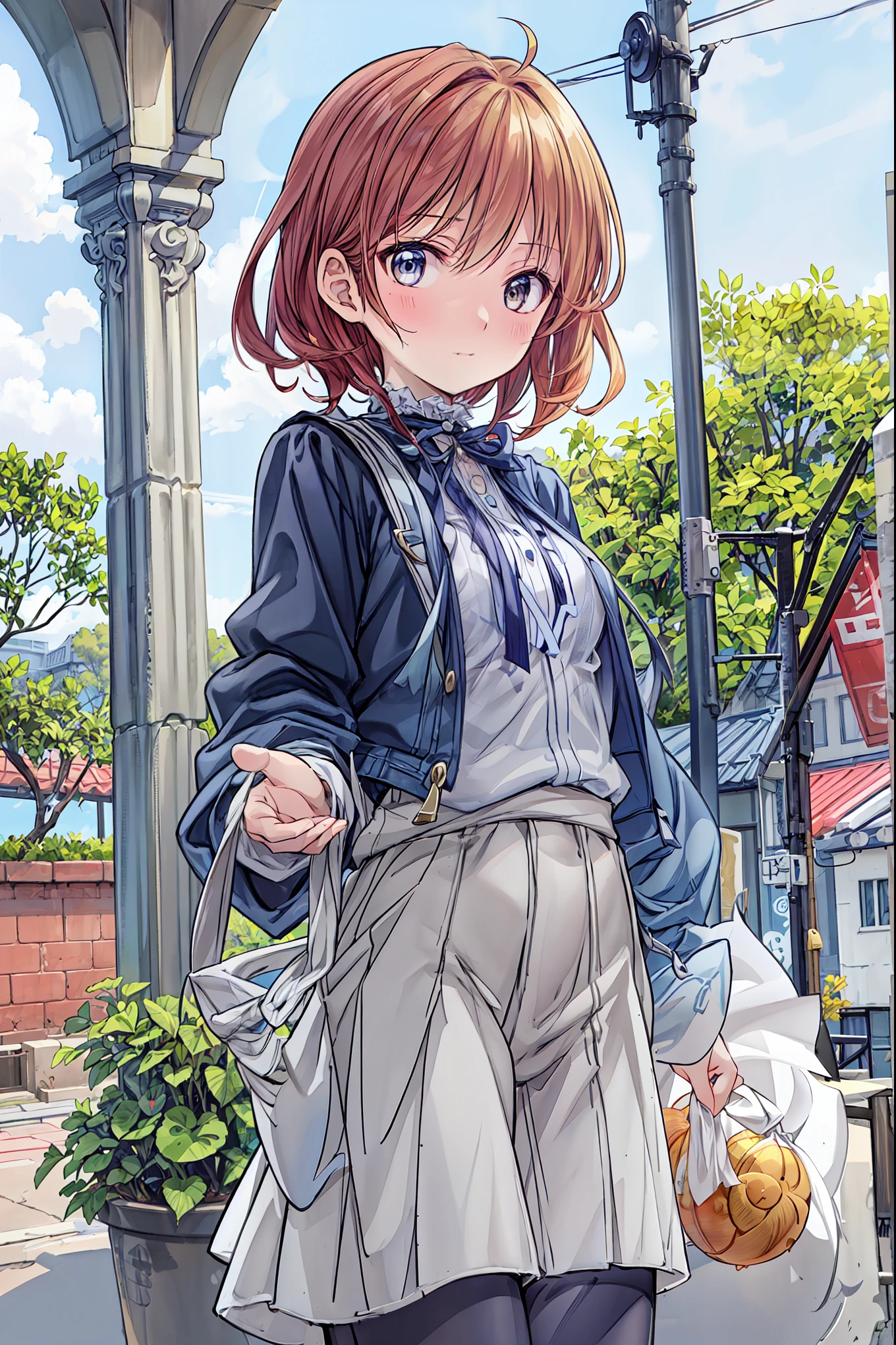 ((masterpiece)), (anime:1.5), ((Best Quality)), (RAW photo:1.2), (high resolution:1.3), (professional shooting:1.2), ( Color Difference), one girl, (()), (Serious), (beautiful brown eyes:1.3), Viewer, Plain Shirt, O-ring, disheveled hair, Medium Hair, (Put your hands in your pants), ((Take off your work pants)), 明るいbrown hair, (small breasts), Cute waist, outdoor, ((Top of the big bell tower)),brown hair,shortcuts,dark-skinned baby, short braided hair, Neat , slender beauty ,Dignity,small breasts,Beautiful Legs,her enchanting grayish blue eyes shine like stars.,Vivid Colors,Beautiful Eyes,A delicate smile,textured skin,Best Qualityのものが最高, gentle and beautiful woman ,anime風、