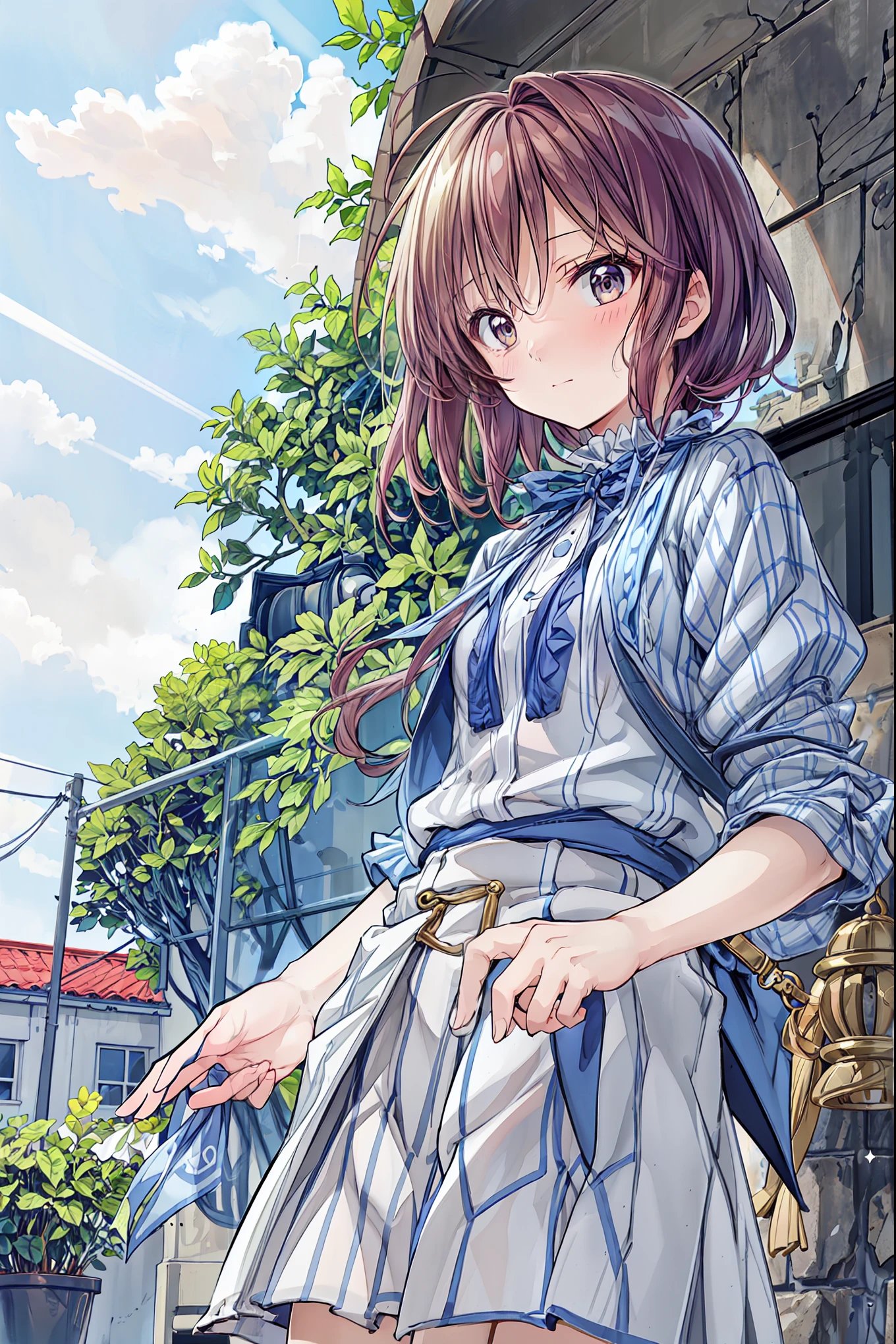 ((masterpiece)), (anime:1.5), ((Best Quality)), (RAW photo:1.2), (high resolution:1.3), (professional shooting:1.2), ( Color Difference), one girl, (()), (Serious), (beautiful brown eyes:1.3), Viewer, Plain Shirt, O-ring, disheveled hair, Medium Hair, (Put your hands in your pants), ((Take off your work pants)), 明るいbrown hair, (small breasts), Cute waist, outdoor, ((Top of the big bell tower)),brown hair,shortcuts,dark-skinned baby, short braided hair, Neat , slender beauty ,Dignity,small breasts,Beautiful Legs,her enchanting grayish blue eyes shine like stars.,Vivid Colors,Beautiful Eyes,A delicate smile,textured skin,Best Qualityのものが最高, gentle and beautiful woman ,anime風、