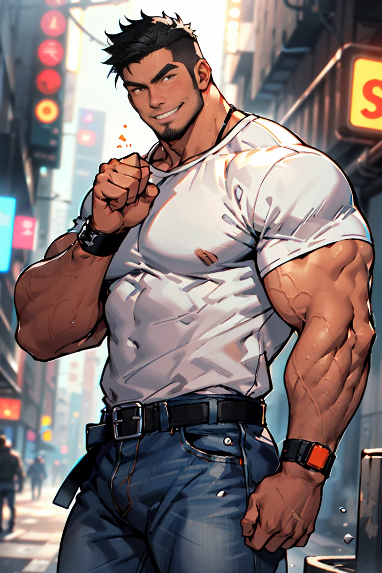 (masterpiece), best quality, expressive eyes, perfect face, 1 boy, 24 years old, Muscle Man, Bodybuilder,Have a tattoo, open jumpsuit， Wearing a soaked white T-shirt, Factory equipment, complete scene，factory scene，There are many objects and machines piled around，goggles，sideways