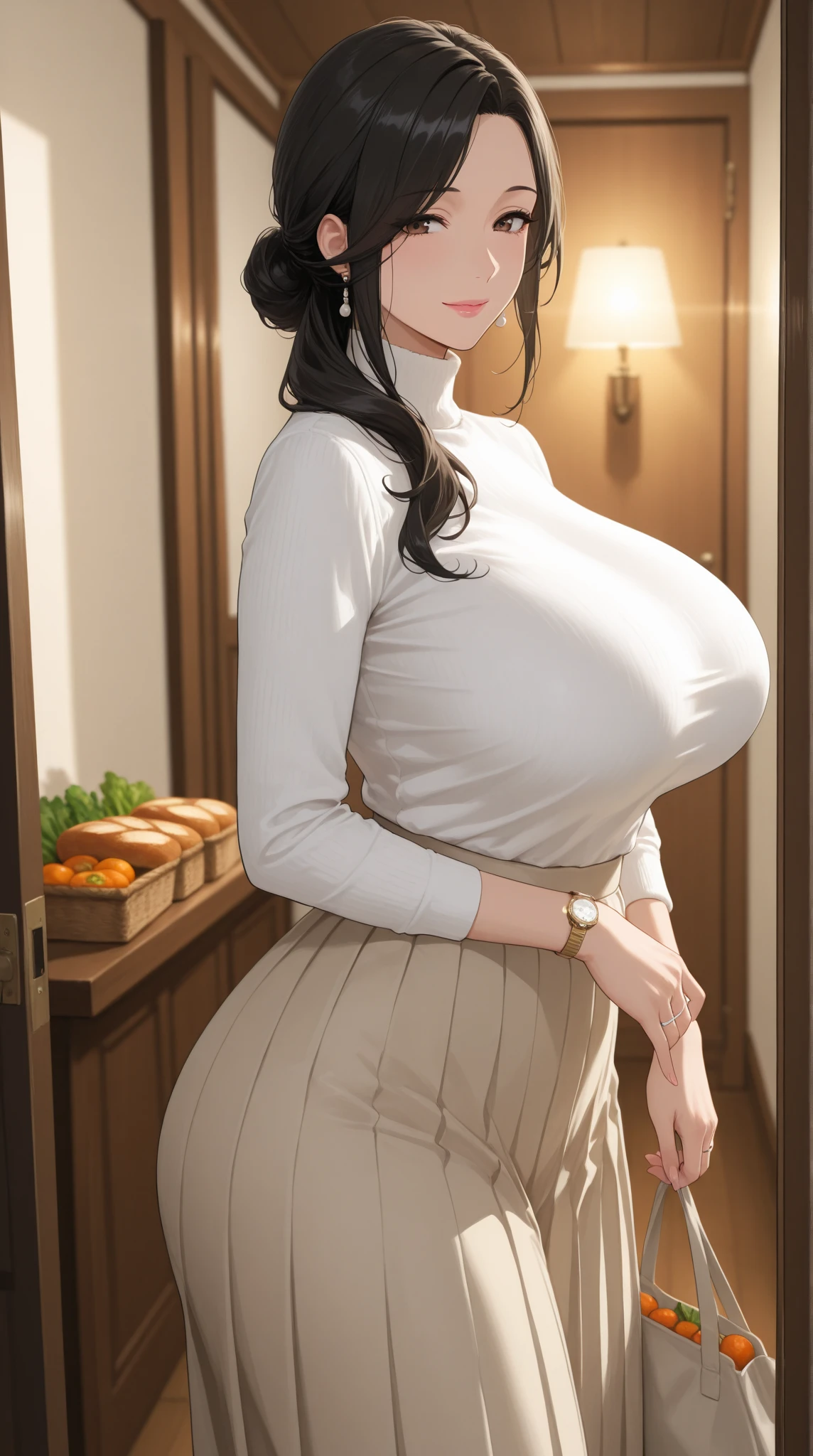 detailed illustration (side view),dynamic angle,ultra-detailed, detailed eyes, detailed face,
1girl, night , nightime, stars, 1950 wife, button up blouse and long skirt, anime half closed eyes, lidded eyes, knowing smile, mischievous smile, standing in kitchen, domestic goddess, black hair, huge breasts, wholesome yet sexy, motherly, nurturing, MILF