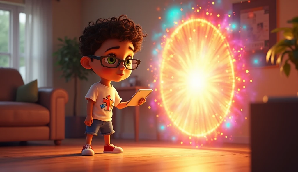 Capture a scene of a happy 3-year-old boy wearing glasses, his face full of wonder and innocence, as he stares in awe at a magic box before him. A caixa emana vibrante, luzes coloridas, Sparks, and magical rays that dance and reflect on the boy's innocent face. His eyes are wide with astonishment, and his expression conveys pure fascination.Sem o conhecimento do menino, Behind him, There is a magical portal that reveals a breathtaking view of the planets and stars of the universe. The portal adds an element of cosmic wonder to the scene.The boy is positioned facing the viewer, creating a connection between the viewer and the child's sense of wonder. A cena deve ser hiper-realista e hiper-detalhada, capture all the nuances of the boy's expression, The Magic Box, and the cosmic portal.The background should be intentionally blurred to give emphasis to the boy, The Magic Box, e o portal. The image should also incorporate a touch of Studio Ghibli style, infusing you with a sense of enchantment and whimsy.Render the image in 8K resolution to ensure every detail is crystal clear, offering a visually immersive experience.Esta cena mistura magistralmente realismo com o estilo encantador do Studio Ghibli, criando um momento cativante de maravilha e magia.