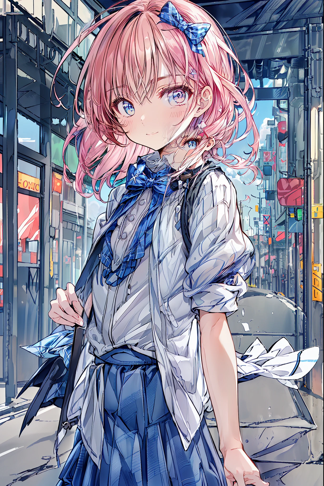 software:1.6), (masterpiece, Best Quality, wonderful、very real, high resolution:1.3), one girl, alone, Japanese, , (expensive:1.3), break (black short bob on the floor with both hands, Straight Hair :1.4), bungs, (language:2.1), (Hair above left eye:1.9), (Extremely Light Eyes :1.7), (Thick eyebrows:1.4), closed his mouth, (Overlooking a light smile:1.2), (:1.4), (Flat chest:1.7), break , (check bow :1.5), (round collar dress shirt:1.6), (plaid midi skirt:1.7), black socks, Brown rofers break from below, standing, carry-a-backpack, It doesn't seem to move, train station platform, sunlight, blue sky,
information