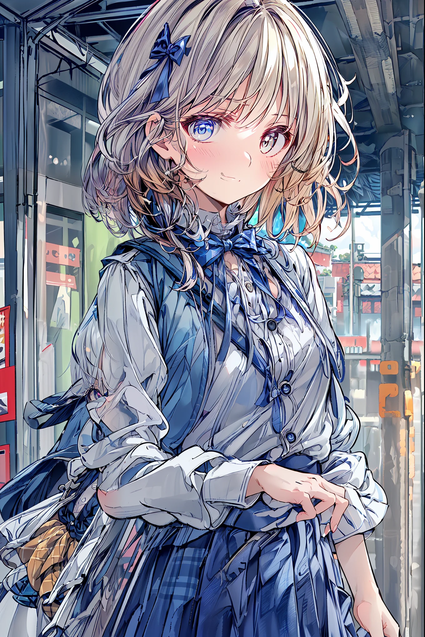 software:1.6), (masterpiece, Best Quality, wonderful、very real, high resolution:1.3), one girl, alone, Japanese, , (expensive:1.3), break (black short bob on the floor with both hands, Straight Hair :1.4), bungs, (language:2.1), (Hair above left eye:1.9), (Extremely Light Eyes :1.7), (Thick eyebrows:1.4), closed his mouth, (Overlooking a light smile:1.2), (:1.4), (Flat chest:1.7), break , (check bow :1.5), (round collar dress shirt:1.6), (plaid midi skirt:1.7), black socks, Brown rofers break from below, standing, carry-a-backpack, It doesn't seem to move, train station platform, sunlight, blue sky,
information