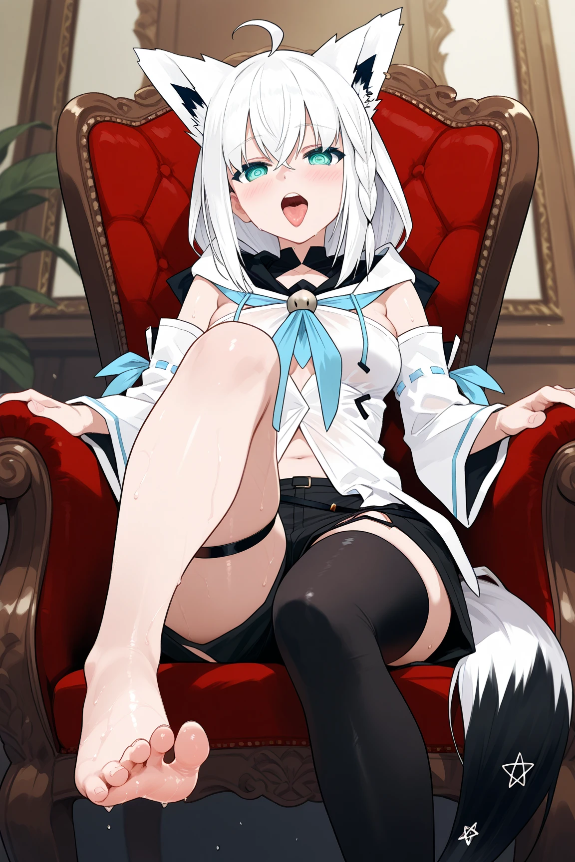 tmasterpiece,high high quality,Absurd resolution,digitial painting\(artwork of a\),by Dagasi, Yupa,Kiyosan,(Fluffy fur,White fur,Full Body Furry,Cat pattern:1.2),anthro male cat。Many people,White hair,Purple-eyed,Evil eyes,succubi,Seductive eyes,dick,Reproductive organs,opening legs,full room view,(Shirtless:1.3)