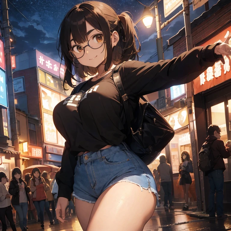 Bustling night market. Policewoman, Bring snacks, Her face was full of joy and satisfaction.、Huge