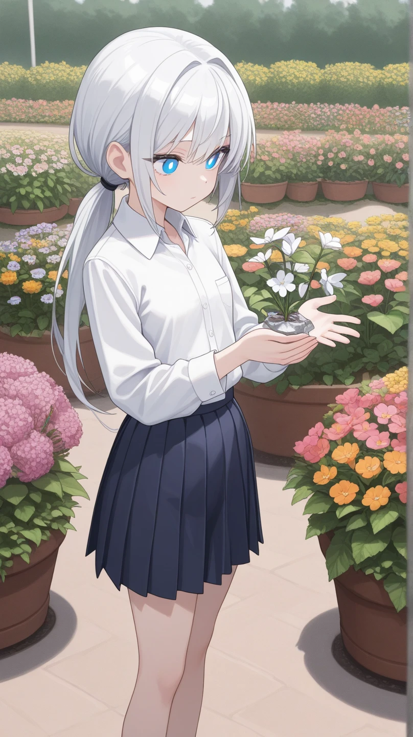 ((masterpiece:1.2)) , (((Highest quality))), 1girl, white silver hair, low ponytail, small face, blue pupils, BREAK, petite body, wearing white collared shirt, navy pleated skirt, BREAK, flower garden,