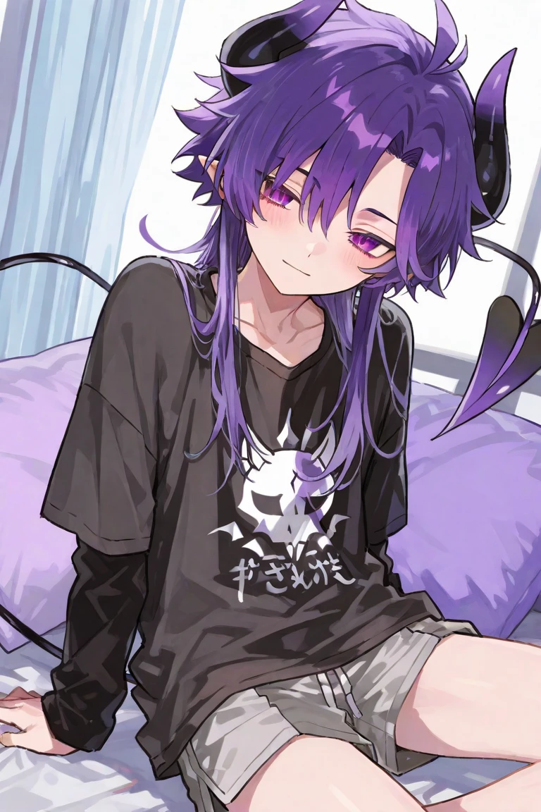 Boy with wavy hair, with black skull purple color sweatshirt messy hair and drugs on the table and sad and a low purple room and purple moonlight lying on a bed with a phone and wire headphones