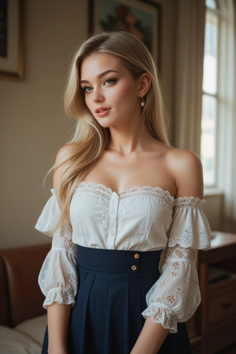 professional photo of 1 Girl ,in the hotel room, beautiful hotel room, age 20, 170 cm height, beautiful girl, mix of taylor hill face, amber heard face, miranda kerr face and yael shelbia face,,beautiful face, real face, light brown hair, medium to long hair, Highly quality texture hair, curly hair, medium to large breasts,cleavage, blue eyes, sexy hips, curvy girl, perfect body, white skin, radiant skin,skin texture details, sexy attire, sweet girl, jaw dropping beauty, top-quality, ​masterpiece, hight resolution, Photorealsitic, Raw photography, 16k wallpaper, Beautiful face, flawless, professional lighting, highly detailed, in a hotel room beautiful hotel room , expensive room, expensive and modern furniture, a five star room hotel,, chanel designer skirt, expensive skirt , intricate details, vogue style, stylish clothes, cleavage, polka dot navyblue and red blouse and mini floral skirt,with ivory embrodery details, intricate details, pastel colors, beautiful clothes contrast.in the hotel room , stitting on the chair, a five star room hotel, exuding an air of romance and refinement, lights,, ((Look at viewer, seductive smile, full body photo, ultrasharp, image clarity, Canon EOS M50,Hybrid AF with 179-point focal plane phase detection and 25-point contrast detection nikon500, Happy smile, elegant pose, stylish, chanel summer collection, try on haul outfit in the hotel room,elegant hotel room, backgound details, foreground objects,flawless, professional lighting, highly detailed, Very detailed,,real life enhancer, vivid colors, try on haul clothes in front of the mirror or sitting on the chair or stand up pose, beautiful poses distant view, full model pose, Happy smile, uhd, ,perfect legs, super realistic, day light, very good light, sideways angle, wide shot,polka dot black and navyblu blouse and mini floral neon dark red skirt, soft light on her face, try to accentuate her beautiful face