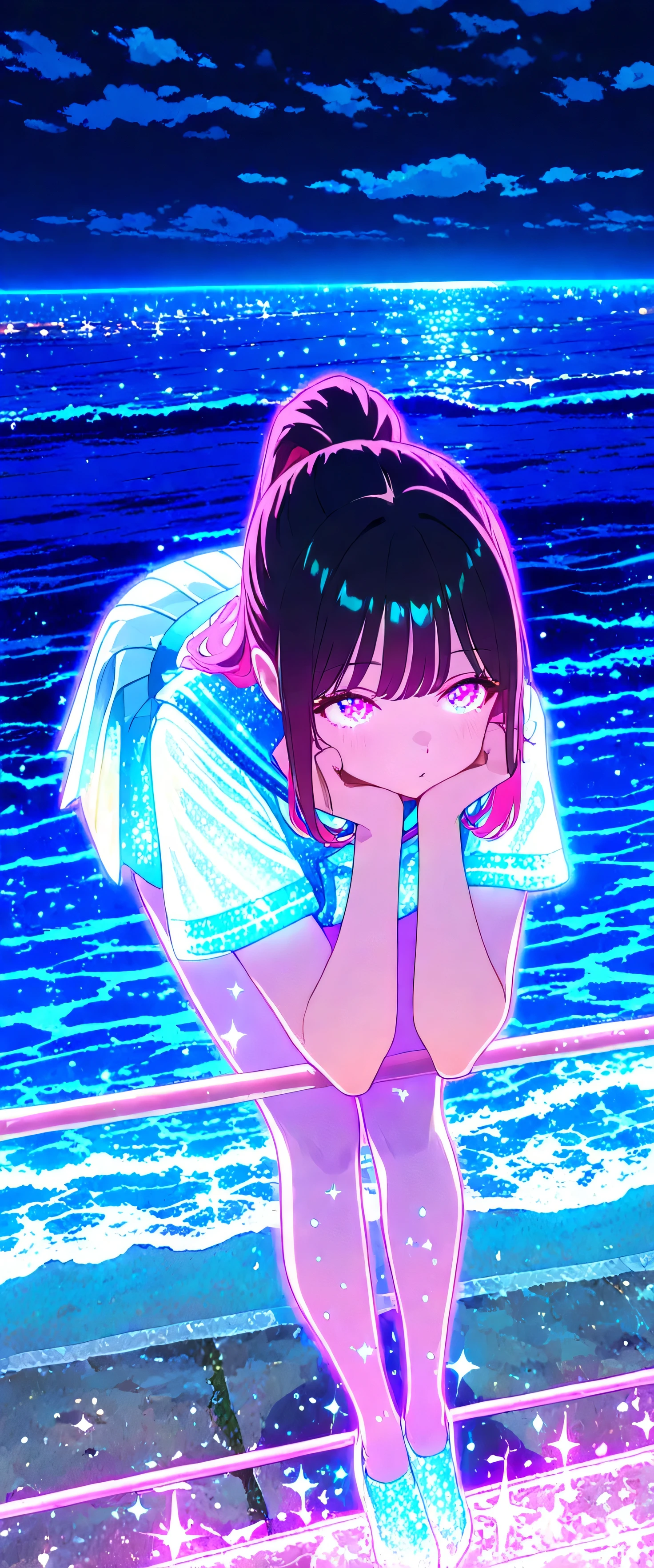 (beautiful girl: 1.3),1girl,masterpiece, Highest quality, Ultra-high resolution,rich contrast,super high quality,8k,Highly detailed CG unit wallpaper,texture,Incredibly absurd,Ultra-high resolution,RAW Photos,high school girl,(Blue and white sailor suit and pleated skirt:1.3),short sleeve,ponytail,Black hair,She is standing by her bike and looking out at the sea,night,Moonlit Ocean,Horizon,xss,seaside road,Glitter effect,0__11Xx_illu,Glitter effect,(((head rest))),Leaning forward,Looking up,(glowing pink outline:1.3),(Skipping)
