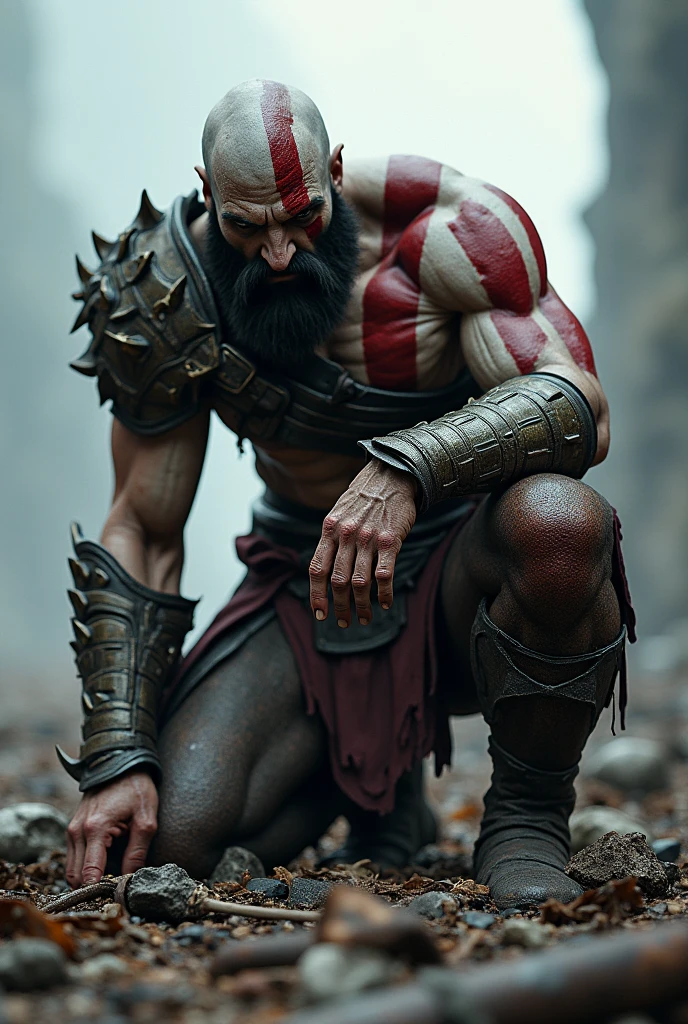 Create an image of the God of War Cratos cutting off a monster's head