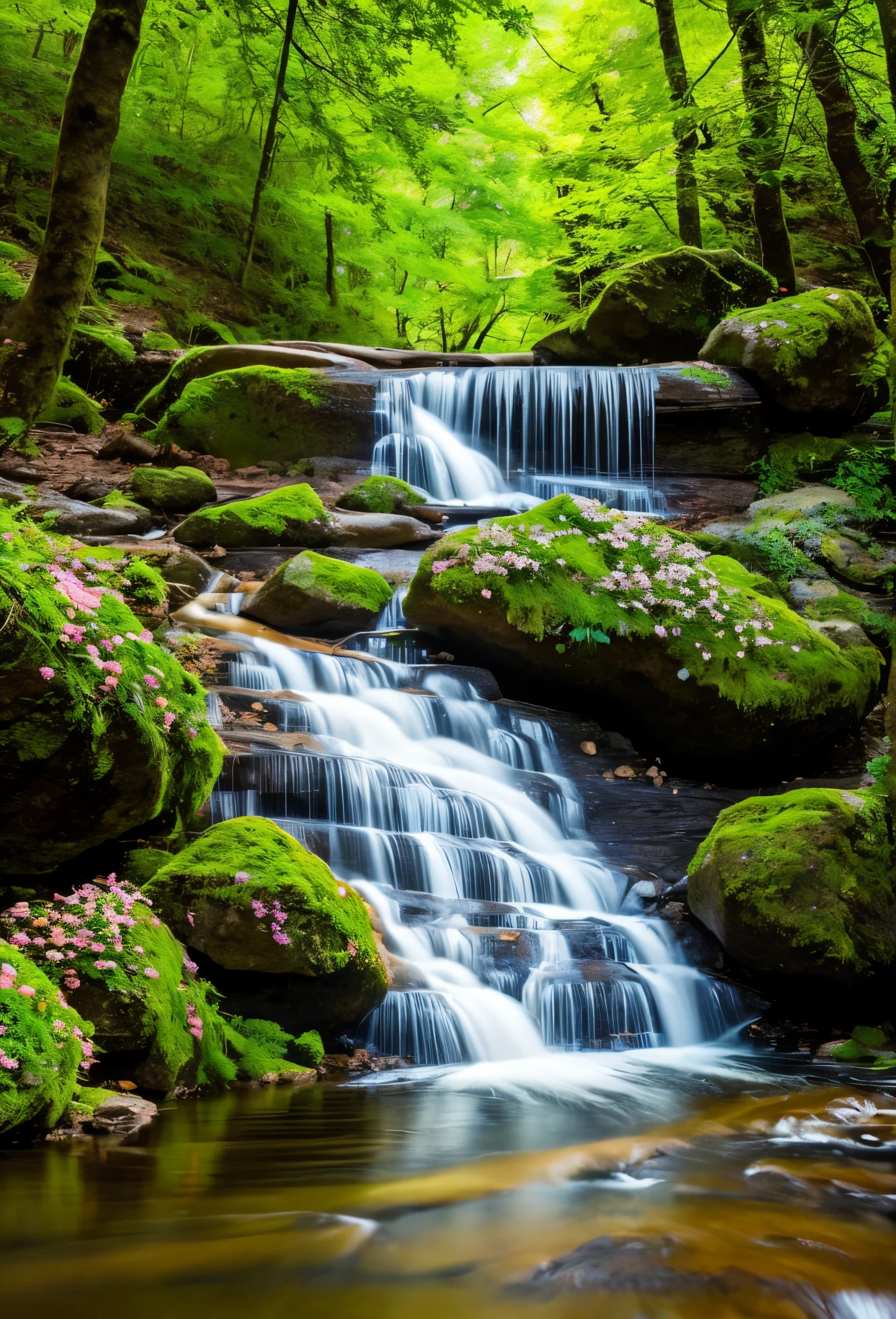 waterfall in the woods, springtime, flowers blossoming in the trees, animals drinking from the stream