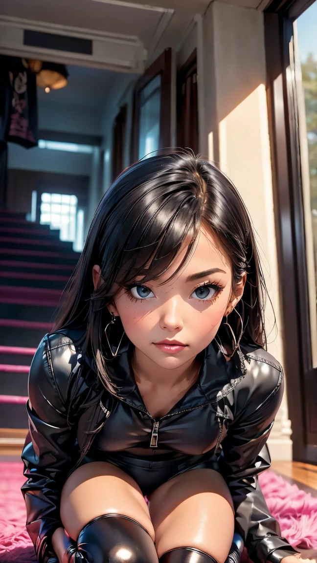(8K, Raw photography, top-quality, ​masterpiece :1.3), (small skinny japanese girl in see through rubber suit, small breasts, small collar, cat ears, fear in her face :1.3), (beautiful detailed eyes, beautiful detailed lips, no lipstick, extremely detailed face, small hips :1.3), (pixie shaved hair cut :1.2)