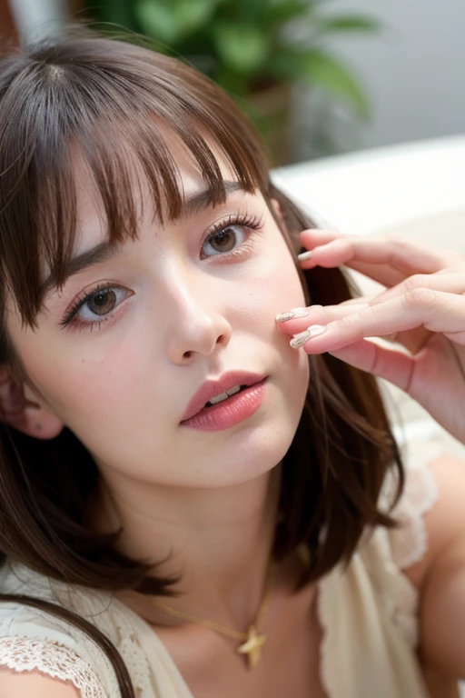 Bunched eyelashes　Upward-facing eyelashes　front　Face close-up　Wide Eyes　Transparency　Natural light　young　Fair skin　20th Generation　Young