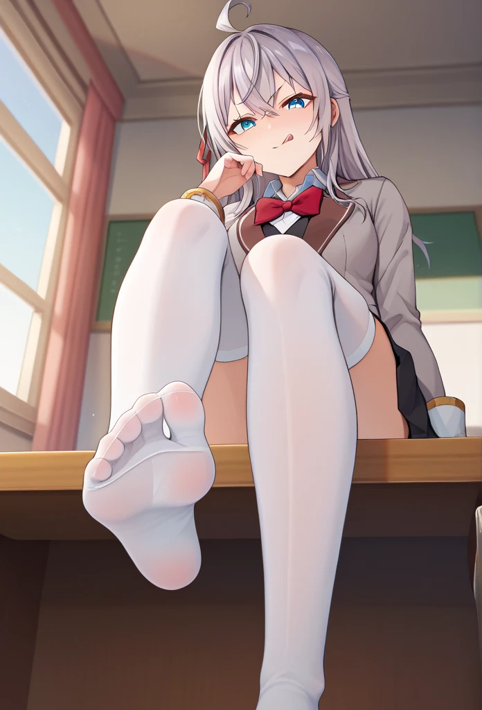 nsfw,beautiful girl,Anime Face,high school girl,Gray Hair,ponytail,steam,(low quality,worst quality:1.4),extra limbs,missing limb,extra digit,fewer digit,missing digit,missing finger,fused fingers,mutated hands and fingers,1girl,sweat,from below,soles of both feet,show the soles of your feet,face forward,stretch your legs,front,sit with legs stretched out,front,blazer,on the couch,dark blue socks