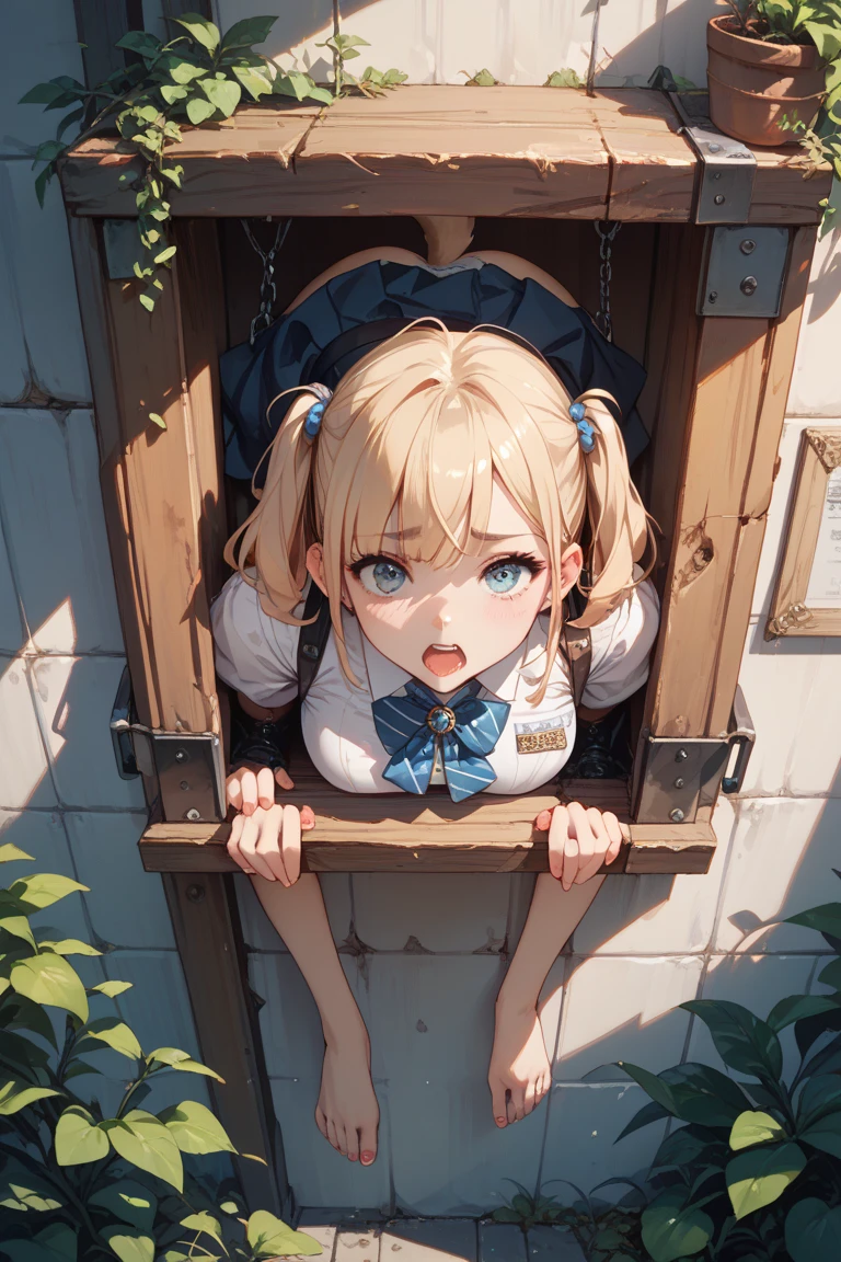 1 girl, strapped to a chair, (bondage chair:1.5), (:1.5), spread arms, arms to the sides, (inside basement, underground,  room), (ankles tied, wrists restrained, ankle cuffs, wrist cuffs), arms to the sides, (blushing:1.5), (crying:1.1), (teary eyes:1.1), (struggle:1.5), (blushing, worried, scared, teary eyes), ((tight clothes, short sleeves, sailor uniform, mini-skirt, shoeless)), perfect body, big thighs, perfect face, beautiful face, beautiful eyes, detailed eyes, focus on face, centered, from above