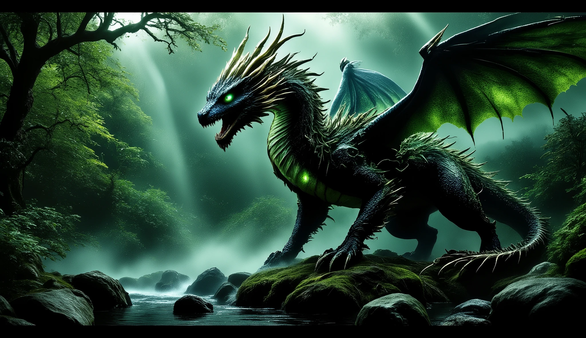 (best quality, 128k,highres,masterpiece:1.2),ultra-detailed,(realistic,photorealistic,photo-realistic:1.37), ((masterpiece)) ((photography)) ((Highest quality)) ((masterpiece)) ((photography)) ((Highest quality)) A majestic dragon made entirely of leaves, vines, and branches, its wings formed from large ferns and tree canopies, glowing with soft green bioluminescence. The dragon is perched on an ancient tree in the heart of a lush enchanted forest, surrounded by thick vegetation, moss-covered stones, and beams of sunlight piercing through the dense foliage, fantasy atmosphere, ultra-realistic, 8K