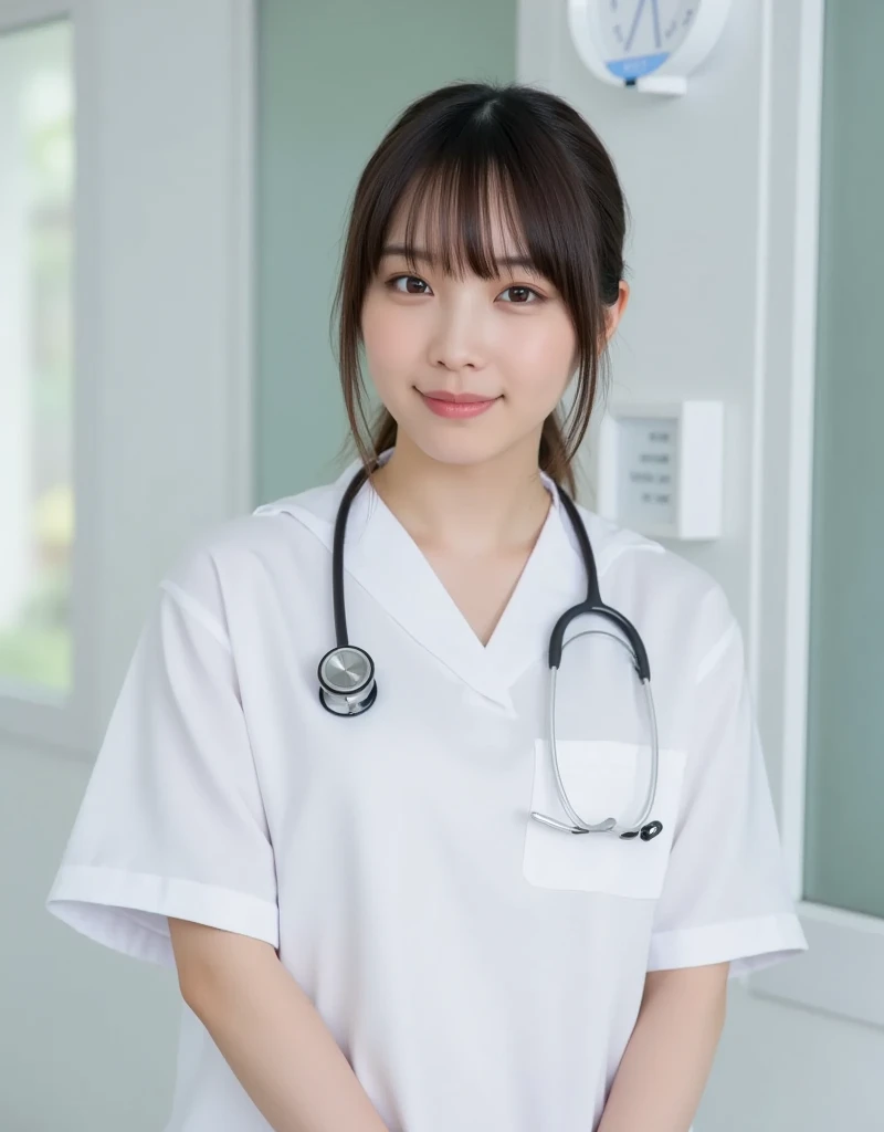 (Highest quality: 1.5), (Realistic: 1.5), (1 person: 1.5), Very detailed, High resolution, 8k,Natural color lips, Cute Smile, Japanese women, 20-year-old girl, Beautiful and elegant features, Perfect and beautiful face, Balanced big eyes, Beautiful and elegant features, Natural double eyelids, Natural Bangs, Beautiful thin nose, Beautiful Skin, Medium Bob Hair , Natural Bangs , Perfect and beautiful face, Slim face and figure, (Looking at the camera with a sweet smile), Bright lighting, Professional Lighting, Forward lighting, Beautiful feet: 1.2, Smooth Skin, Slender body, Slim waistline, slim thin thighs, Detailed clothing, (real short nurse uniform:1.2), (nurse:1.4), Ultra HD, Realistic, hospital, Light Pink