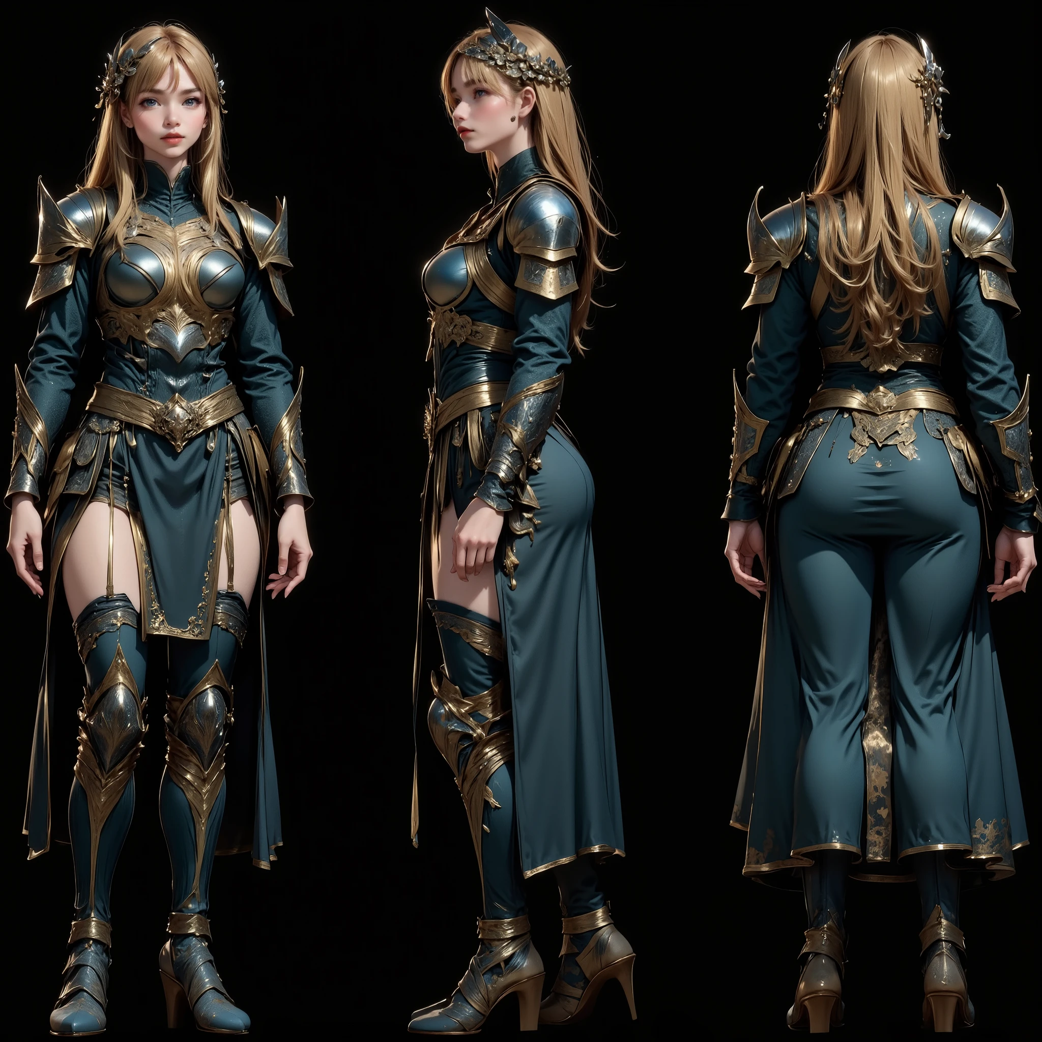 chara-sheet, characterDesignSheetQuiron, character design sheet multiple views, anime woman, full body, character turnaround, multiple perspectives, front view, side view, mixed Japanese European, beautiful woman, blonde, blue eyes, Warrior Empress, in her twenties, golden pompous jewelry, beautiful Japanese armor, sexy, gold armor with cleavage, blue dress perfect composition