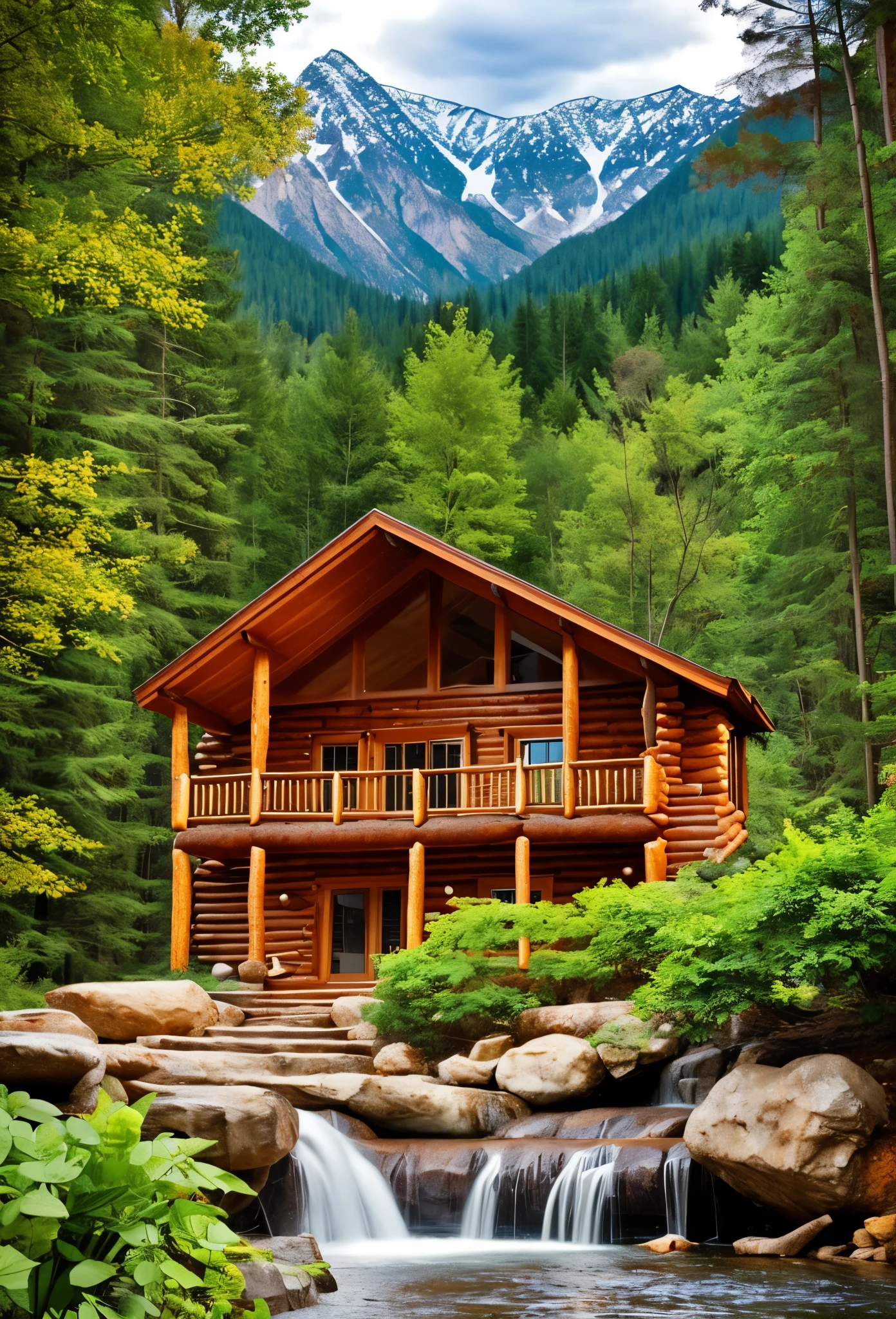 cabin, waterfall, mountains, woods, animals, winter