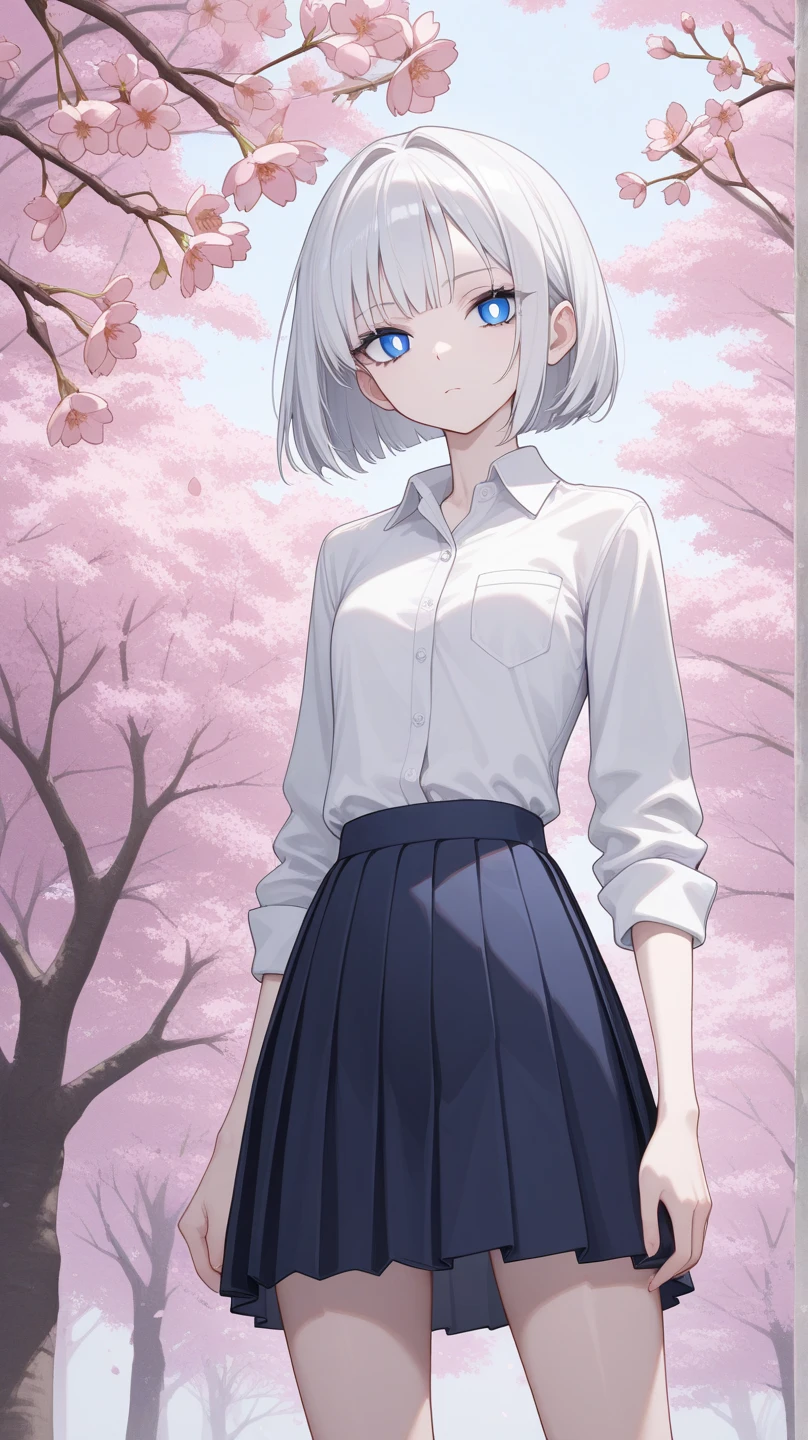 ((masterpiece:1.2)) , (((Highest quality))), 1girl, white silver hair, bob and bangs, blue pupils, BREAK, skinny body, wearing white collared shirt, navy pleated skirt, BREAK, cherry blossoms,