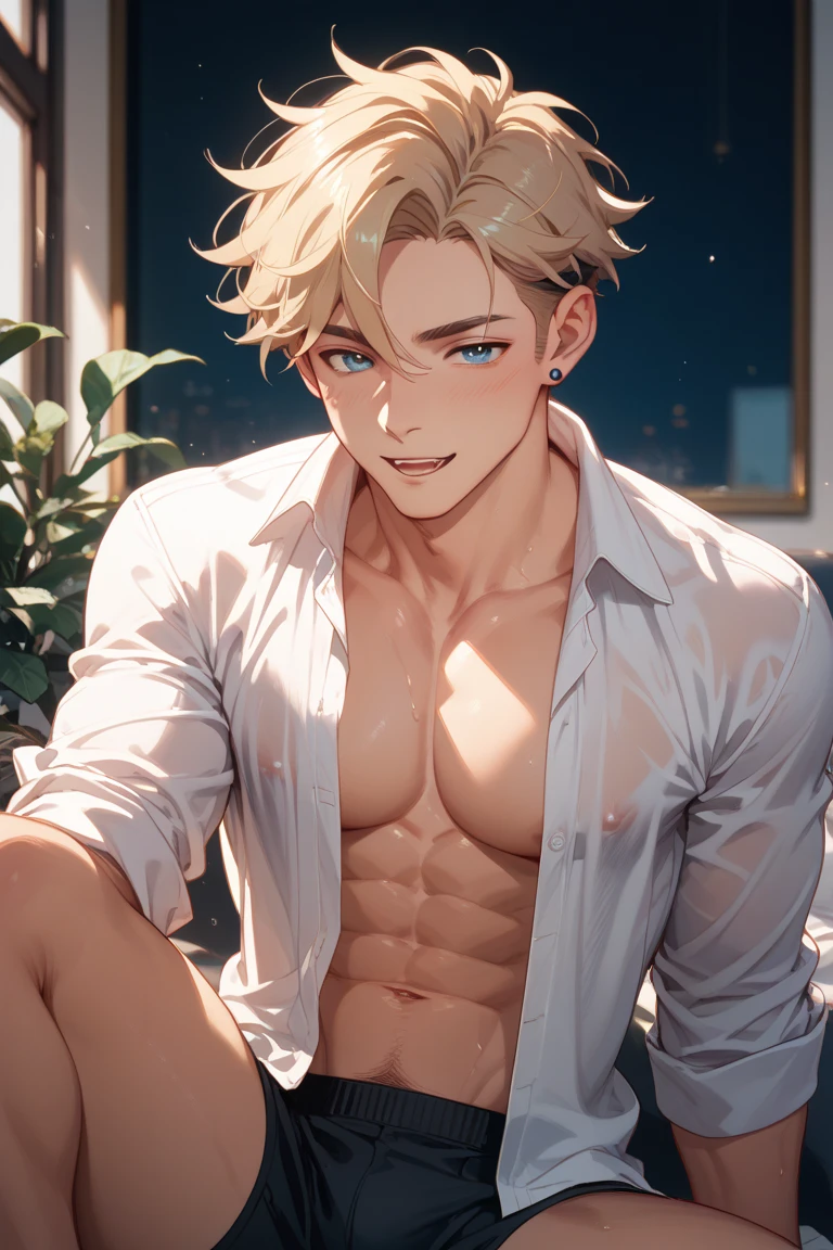 exhibitionism，Breast patches，perfect bodies，HighestQuali，Tomboyish，Medium breast，Blue floral shirt，Half-open shirt，Abs，musculature，Be red in the face，is shy，sweat leggs，perspire，binding，bareness， clothing，full bodyesbian，blond hairbl，Get wet，There is only one girl in the picture
