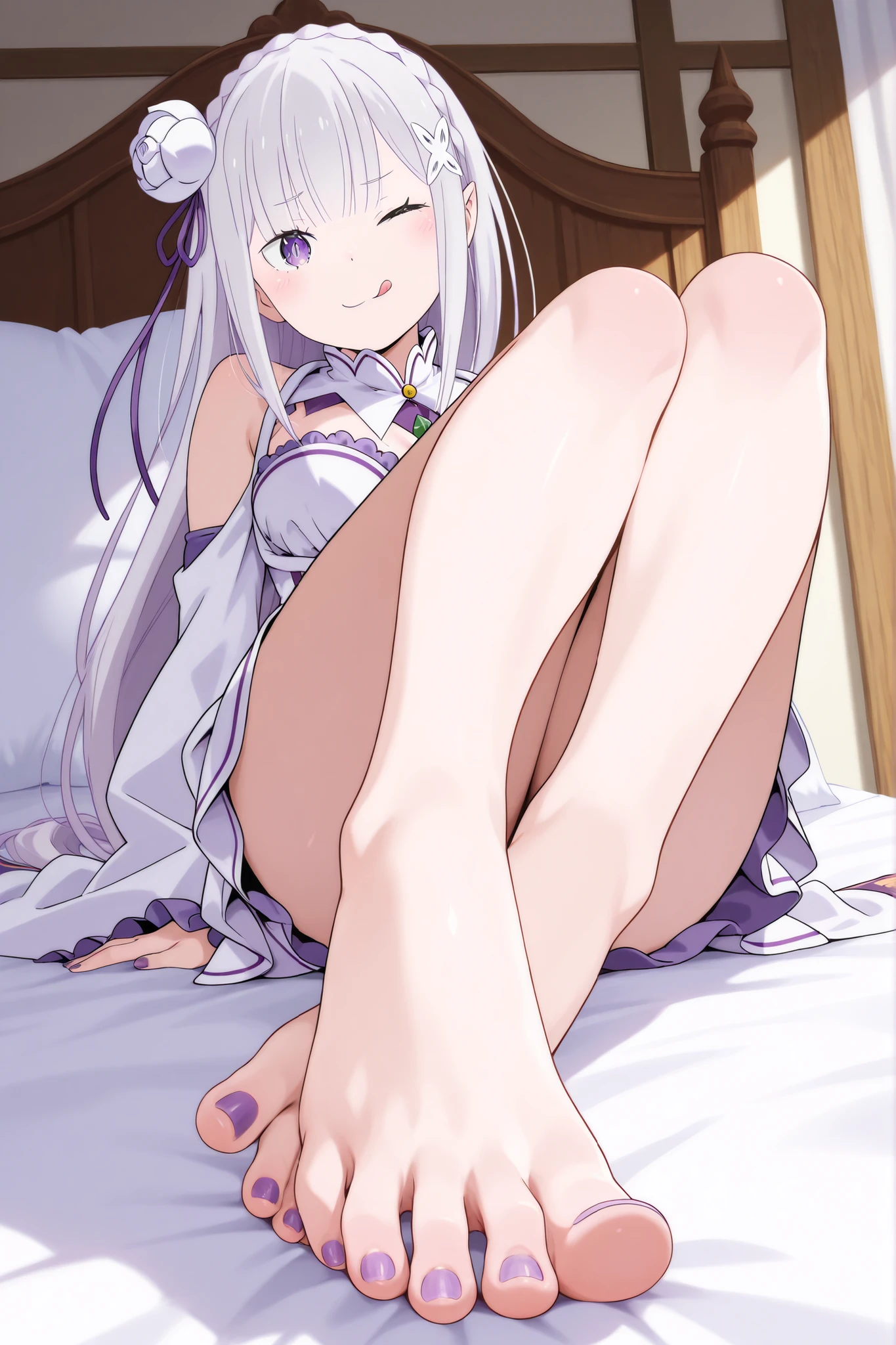 ((Long and narrow face)),,((Small face)),(purple eyes:1.5), ((masterpiece, best quality,Highest quality、High resolution,8K,ultra-detailed face,アニメ,ultra-detailed eyes,ultra-detailed hands,ultra-detailed fingers,ultra-detailed hair,ultra-detailed hands, shiny skin, Silky Pale White,アニメ)) ,((contrasted:1.5)),((アニメ)),,(EnvyBetterHands, QuickHand),(angled, sharp, edgy, piercing, fierce),(Woman surrounded by a field of flowers),(One person,独奏,girl,Emilia (Again:zero),Pointy Ears,gAgainy hair,Gray Hair,Very long hair,Blunt bangs,Purple Eyes,Crown Blade,Side Lock,×Hair accessories,Hair Flowers,Purple ribbon,Very long hair, ̧,Detachable collar,gem,baAgain shoulders,Cleavage,Pleated skirt,White Skirt,white dAgainss,Frills,Detachable sleeve,Wide sleeves,Frills袖,Long sleeve,White thighs),(large breasts:1.2),(Showing from the side),(Show your audience the side)、(large breasts:1.3),(Open your arms)(Fluttering cherry blossoms)(A field of sparkling flowers),,((slant eyes:1.5)),((whole body))((The official look)),(Panty shot),(cowgirl position, open legs, on bed,heavy breathing, sweat)(nsfw)(Bright lighting)(Use of bright colors)、((Sea background)),((Beach Background))(nsfw),(Showing off your underwear to provoke),((M-shaped spread legs:1.3)),((knees up:1.5)),(spread legs),(Well-proportioned )、(from side)(whole body)