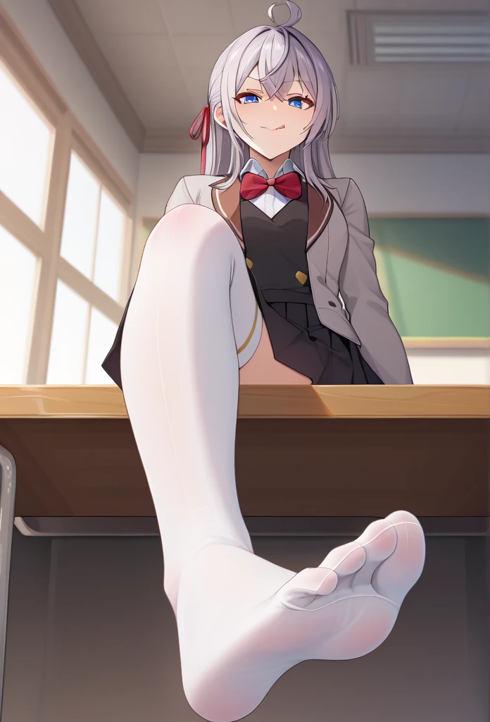 score_9, score_8_superior, score_7_superior, sauce_anime, One girl, Aria, Grey Hair, Long Hair, Ahoge, Hair Ribbon, blue eyes, , bow tie, Black Skirt, White knee socks, Sitting, テーブルのsuperiorに, Feet Focus, Mischievous face, Licking lips, View your viewers, From below, classroom