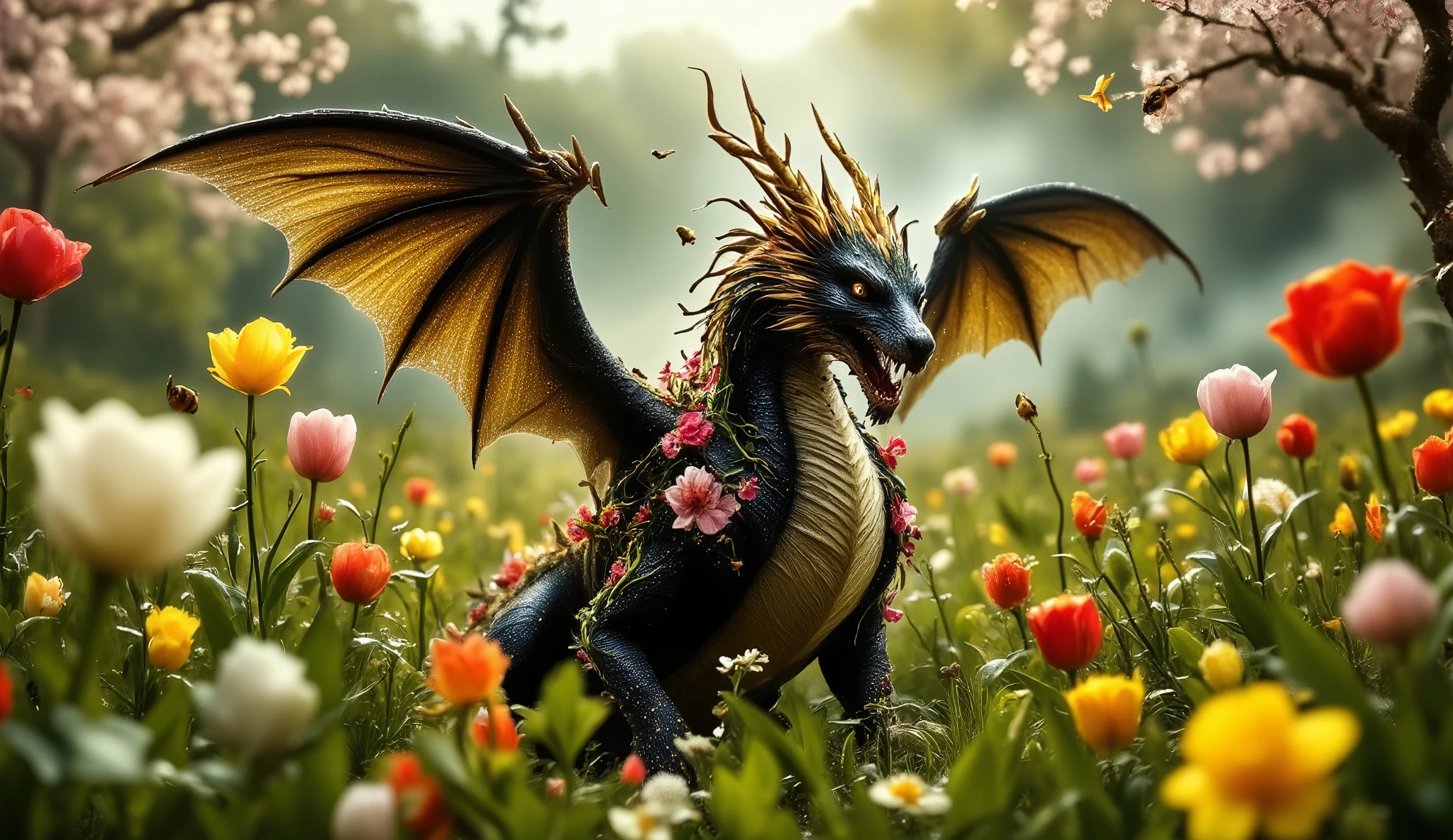(best quality, 128k,highres,masterpiece:1.2),ultra-detailed,(realistic,photorealistic,photo-realistic:1.37), ((masterpiece)) ((photography)) ((Highest quality)) ((masterpiece)) ((photography)) ((Highest quality)) A flower dragon with petals for scales and wings shaped like blooming blossoms, its body adorned with vines and colorful wildflowers, glowing with golden pollen dust. Butterflies flutter around its head, and bees hover near its chest. It rests peacefully in a spring meadow filled with tall grass, blooming tulips, cherry blossoms, and warm sunlight, fantasy atmosphere.
