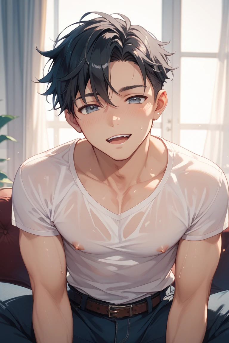 Highest quality、Realistic、、zoom、Primary school students、man、cute、Light grey eyes、Black Hair、short hair、Tanned brown skin、Dark Skin、Shirtless and light blue briefs、Flat Chest、、thin、smile、bed、